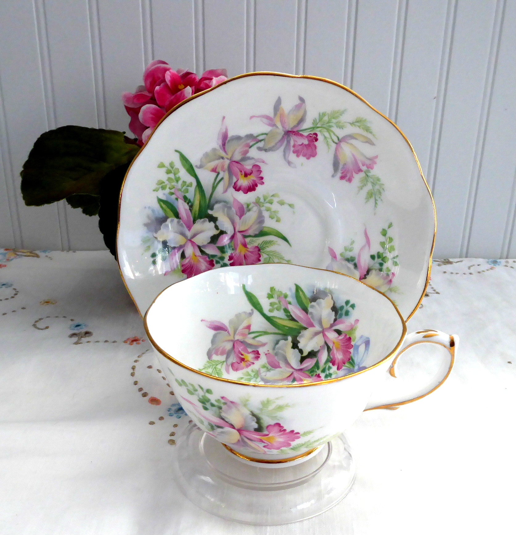 Vintage 1950s Sweet Romance Orchids Roslyn Cup and Saucer Set - Pink Orchids with Blue Bows, Romantic Love Token Gift for Anniversary, Valentine's Day, Bridal Shower, and Tea Party Decor