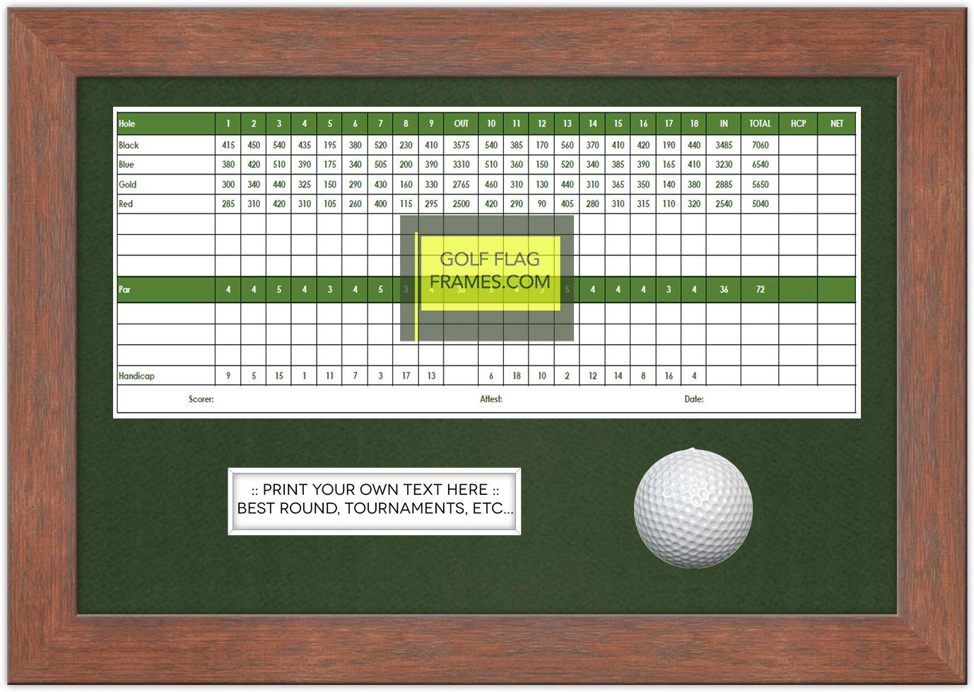 10x15 Walnut Golf Scorecard & Ball Shadowbox Frame - BRN-017 with Green Mat (Holds 5x12 Cards, Perfect for Golf Memorabilia Display in Home or Office)
