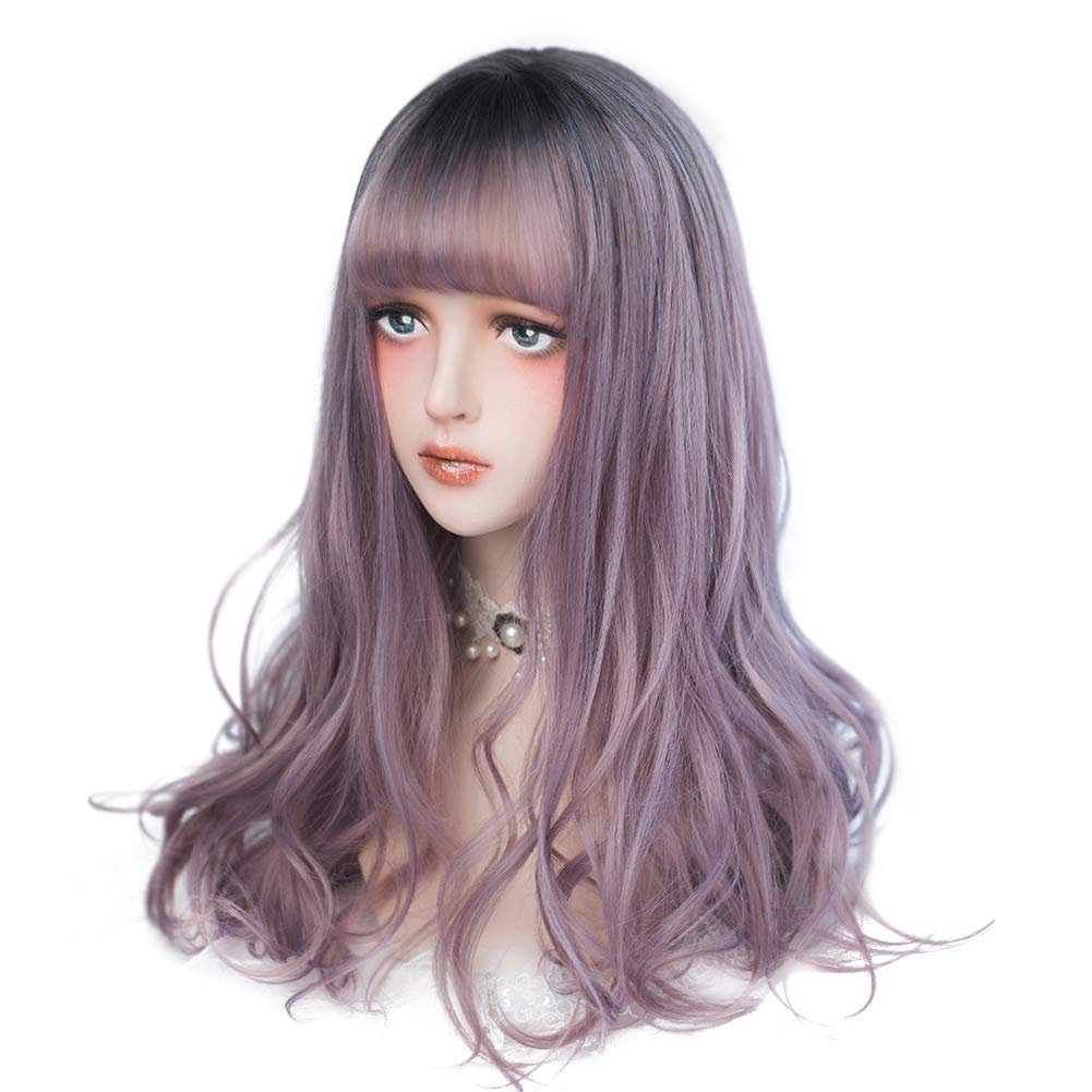 AIYAYA Long Curly Synthetic Wig with Wig Cap - Ombre Purple Heat Resistant Hairpiece for Cosplay, Halloween, Parties & Daily Wear | Natural Looking Costume Accessory for Women
