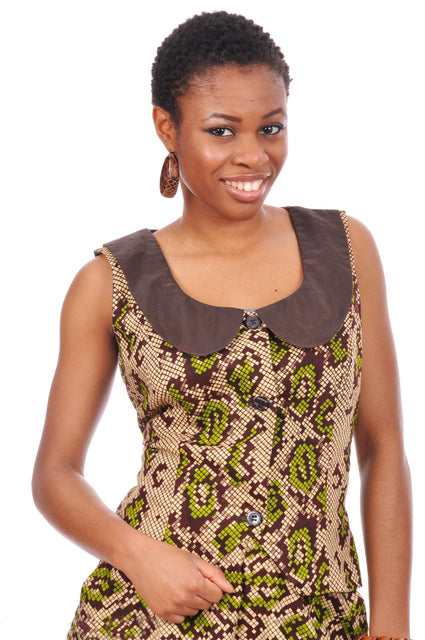 Stylish Green Brown Beige African Print Tafetta Top for Women | Afrocentric Fashion Blouse | Perfect for Casual Wear, Parties & Cultural Events