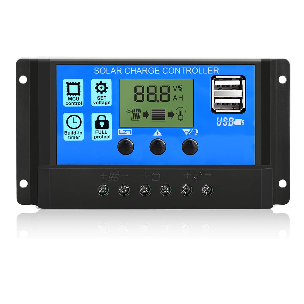 10A PWM Solar Charge Controller - 12V/24V LCD Display Intelligent Regulator for Solar Panels & Batteries - Perfect for Street Lights, RV, Marine & Off-Grid Power Systems