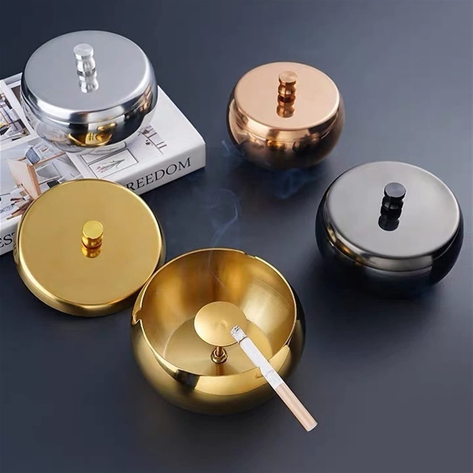 Premium Stainless Steel Ashtray with Lid - Indoor/Outdoor Cigarette Ash Holder - Elegant Desktop Smoking Tray for Home, Office, Patio, and Restaurant Use - Bronze Finish
