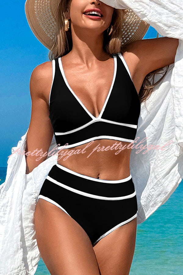 High Waist Solid Color Contrast Stretch Bikini Swimsuit - Sexy & Comfortable Swimwear for Beach, Pool & Summer Vacation