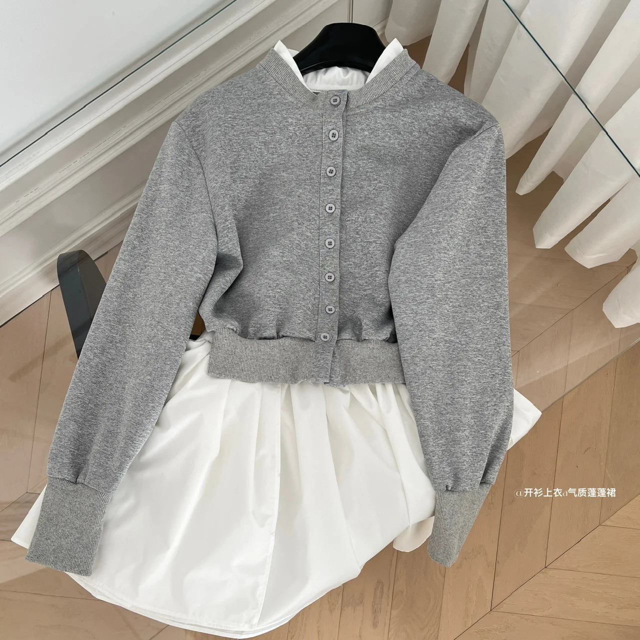 Women's Autumn Winter Fashion Set - Grey Single Breasted Long Sleeve Cardigan & High Waist Pleated Mini Skirt 2-Piece Outfit | Office Wear, Date Night, Casual Chic