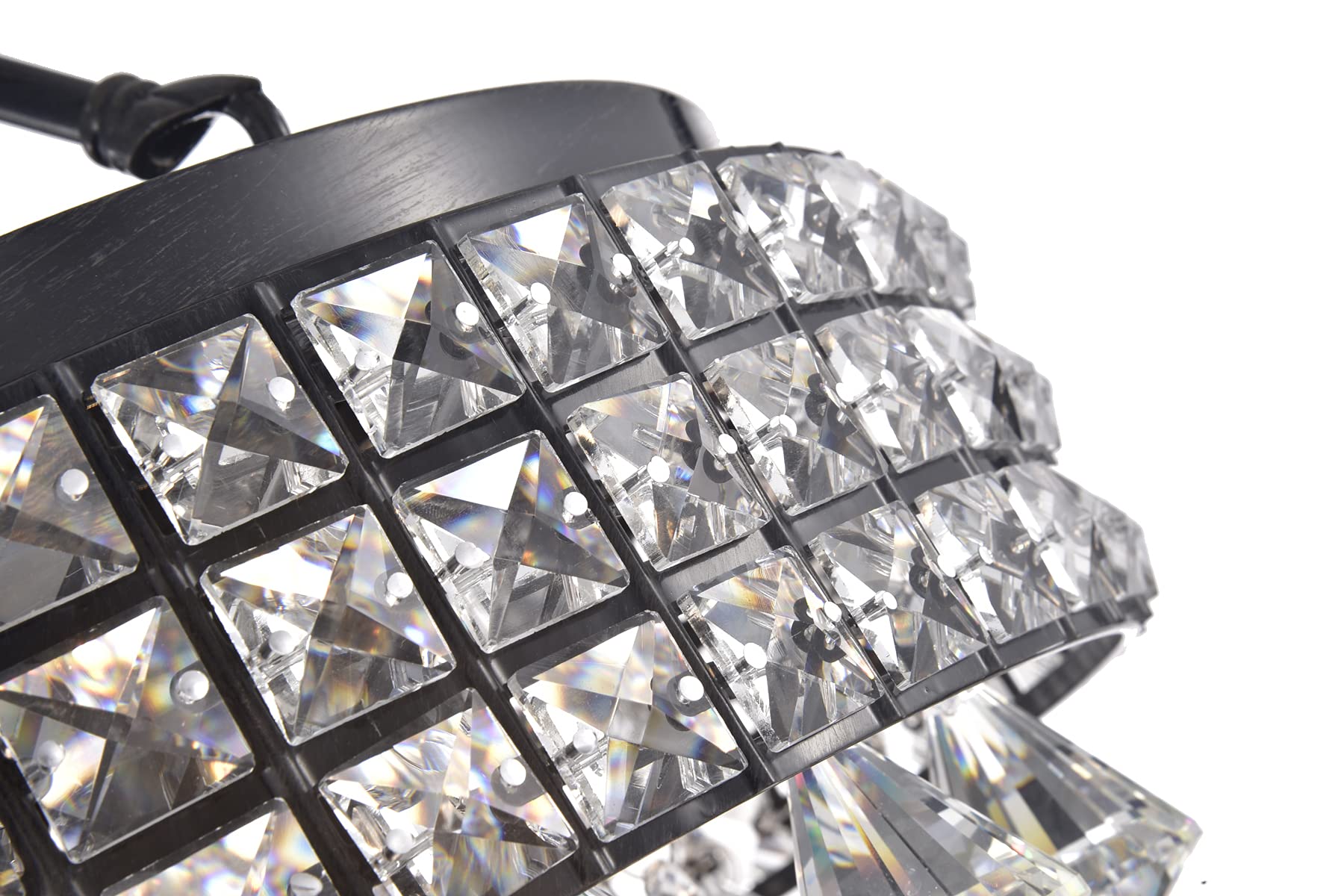 Edvivi 4-Light Brushed Black Semi Flush Mount Ceiling Fixture with Crystal Beaded Drum Shade & Hanging Crystals - Modern Glam Lighting for Dining Room, Bedroom or Entryway