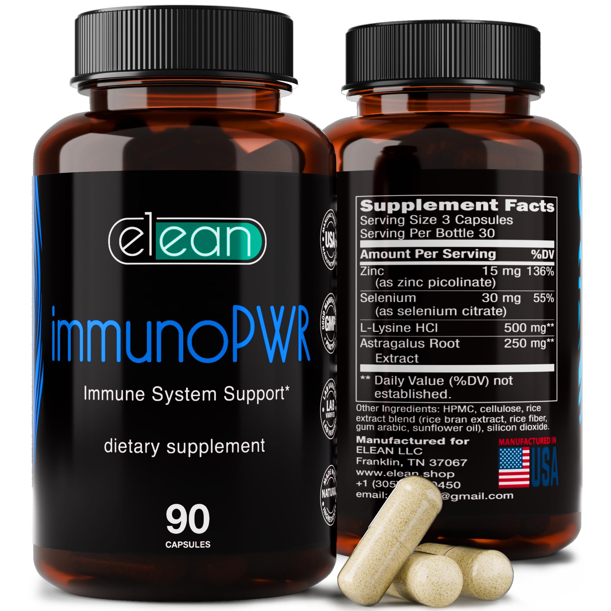 ELEAN Immuno PWR Supplement - Zinc, Selenium, Lysine & Astragalus Root Extract for Collagen Synthesis, Thyroid Support, Energy Boost & Immune Health - 90 Vegan Capsules - Ideal for Daily Wellness, Active Lifestyles & Immune System Maintenance