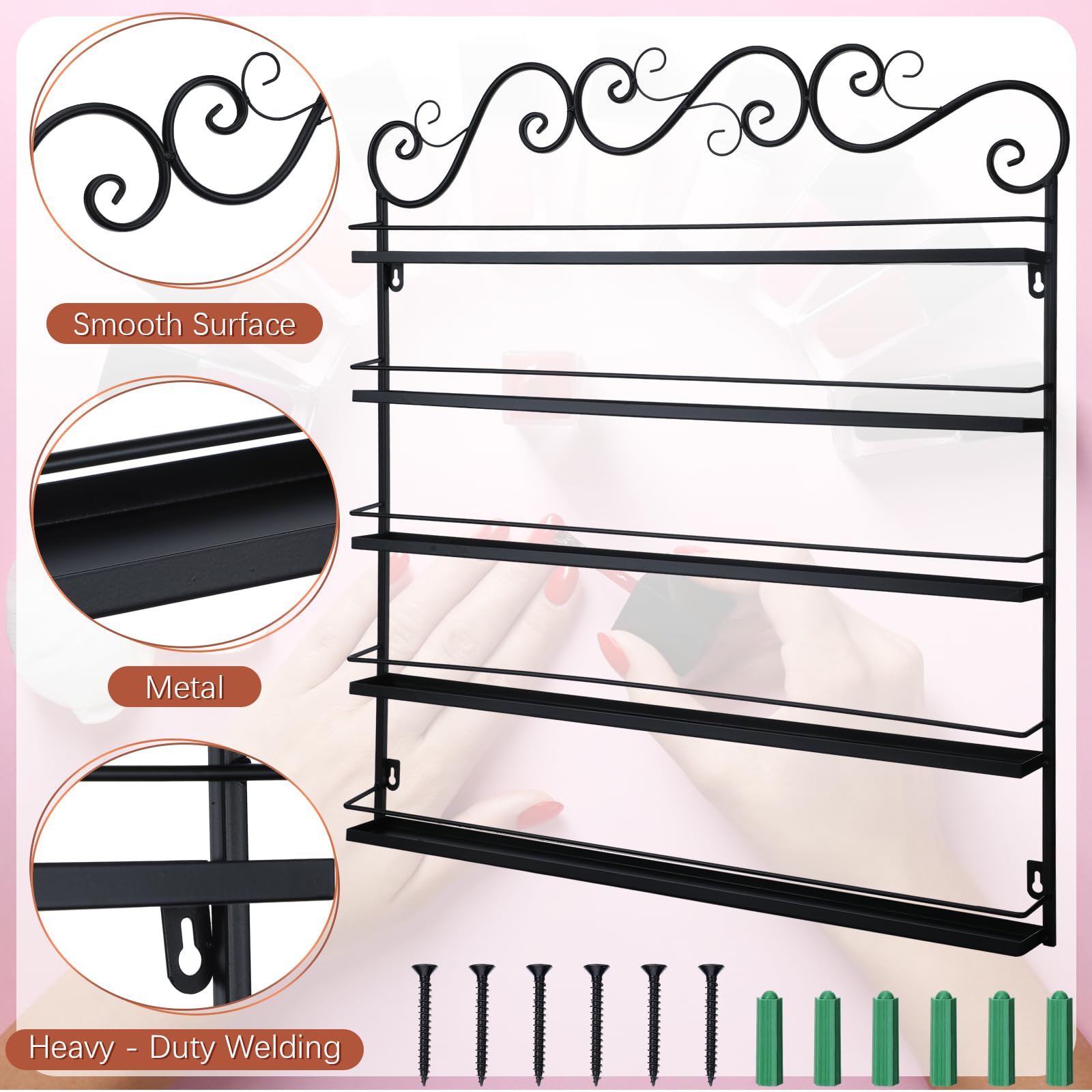Sintuff 5-Tier Wall Mount Nail Polish Organizer - Holds 200 Bottles, 3-in-1 Storage Display Stand for Home, Salon & Spa (Black) - Perfect for Nail Polish Storage, Salon Organization & Beauty Business Display