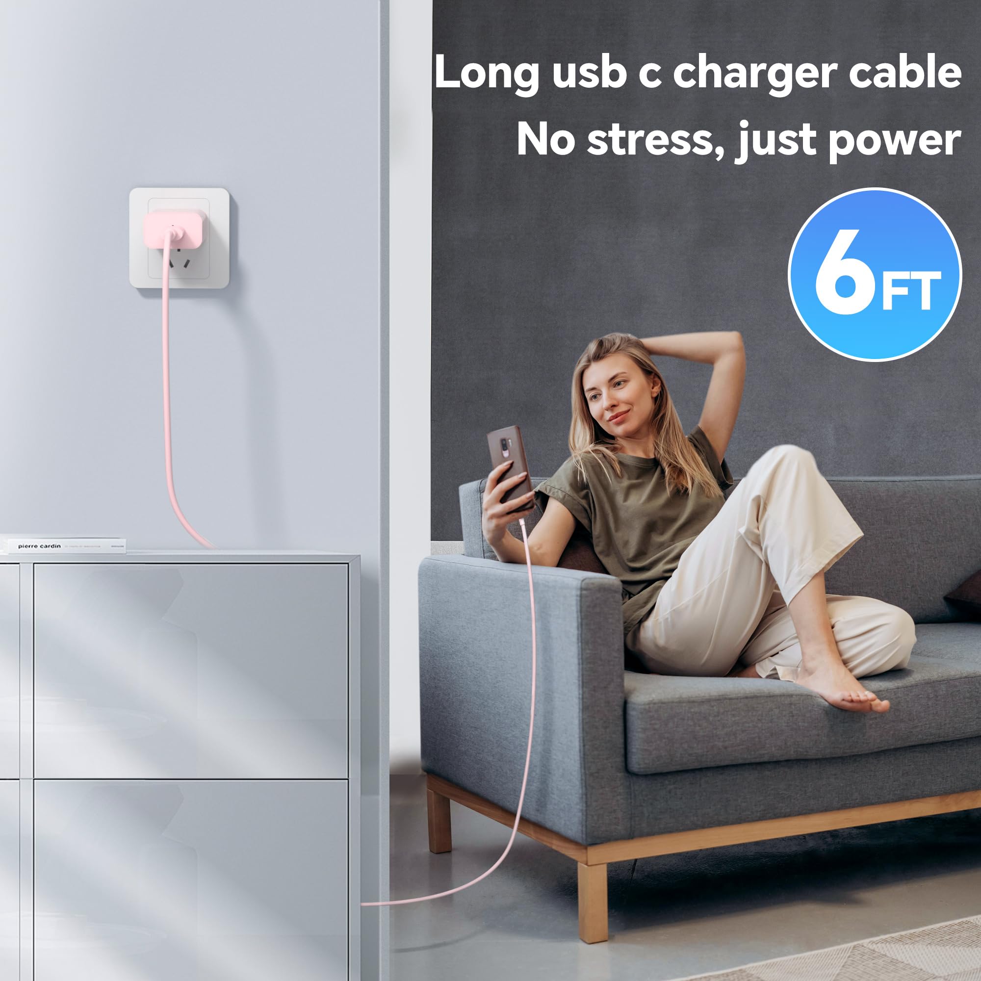20W USB C Fast Charger Block 3-Pack with 6FT 60W USB C to C Cable - Compatible with iPhone 15/14/13/12, iPad Pro, Samsung Galaxy S23/S22, Android Phones (Pink) - Perfect for Home, Office & Travel Charging