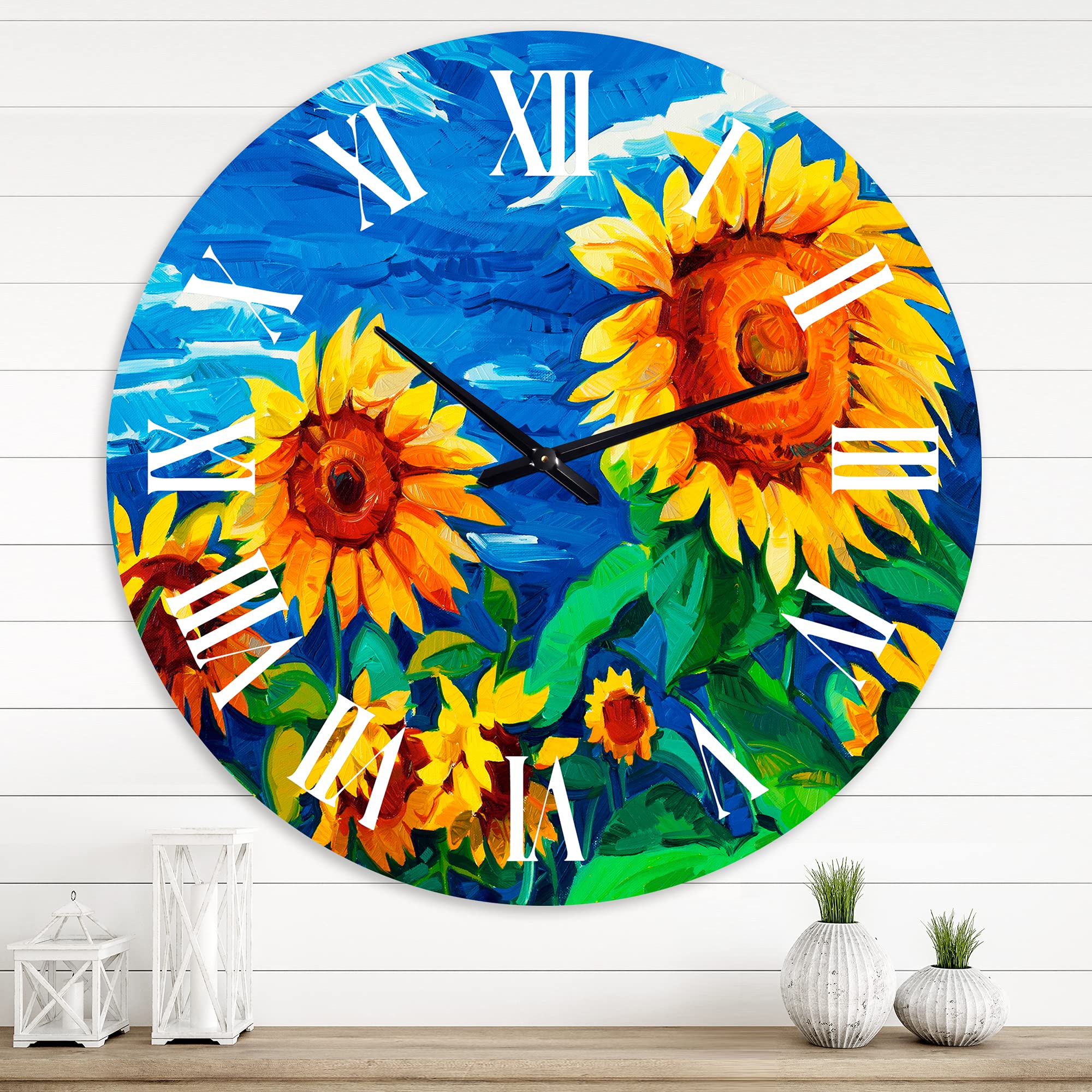 DesignQ Large Traditional Wall Clock - 'Two Sunflowers Under Bright Blue Sky' Floral Botanical Decor for Living Room, Bedroom & Office | Perfect Home & Office Wall Art