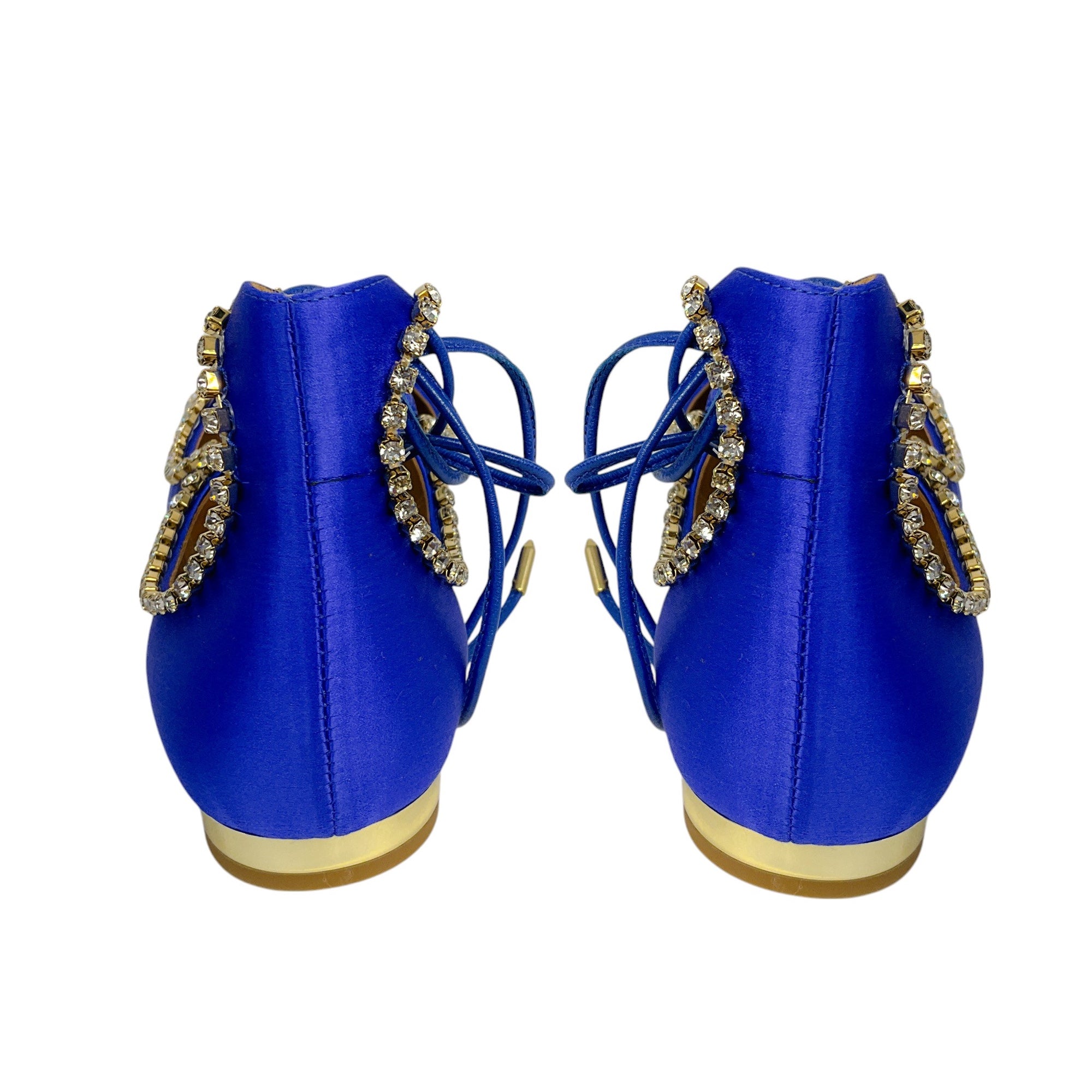Aquazzura Royal Blue Satin Christy Jewel Flats with Crystal Embellishments - Elegant Women's Dress Shoes for Weddings, Parties & Special Occasions