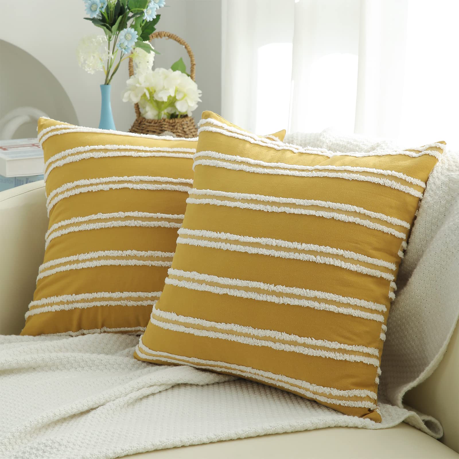 Boho Decorative Throw Pillow Covers 16x16 Inch Set of 2 - Mustard Yellow Cotton Linen Cushion Covers for Couch, Sofa & Living Room - Farmhouse Style Home Decor for Cozy Living Spaces