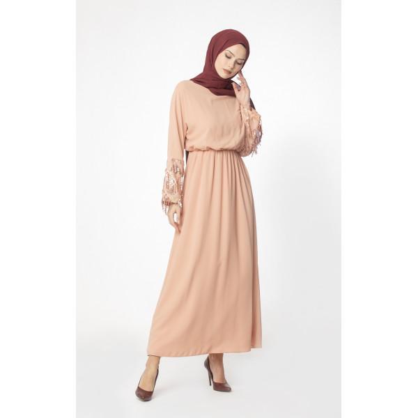 Elegant Abaci Modest Sequined Cocktail Dress 12956 in Salmon Pink - Perfect for Evening Parties, Weddings & Special Occasions