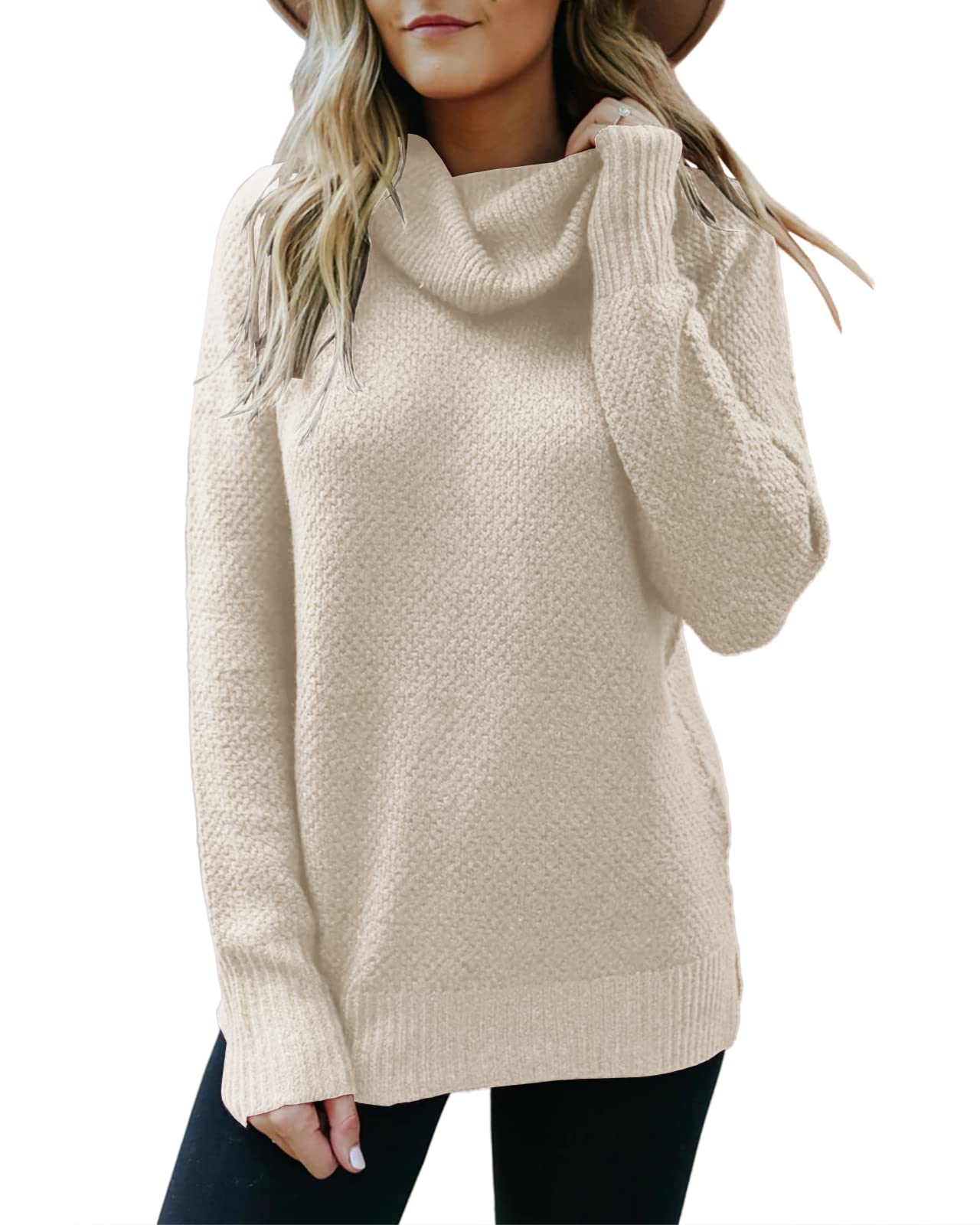 Women's Chunky Knit Turtle Neck Pullover Sweater - Waffle Knit Long Sleeve Loose Tunic Top with Side Slits & Drop Shoulder Design | Cozy Winter Wear, Casual Outfits, Office Attire & Holiday Layering