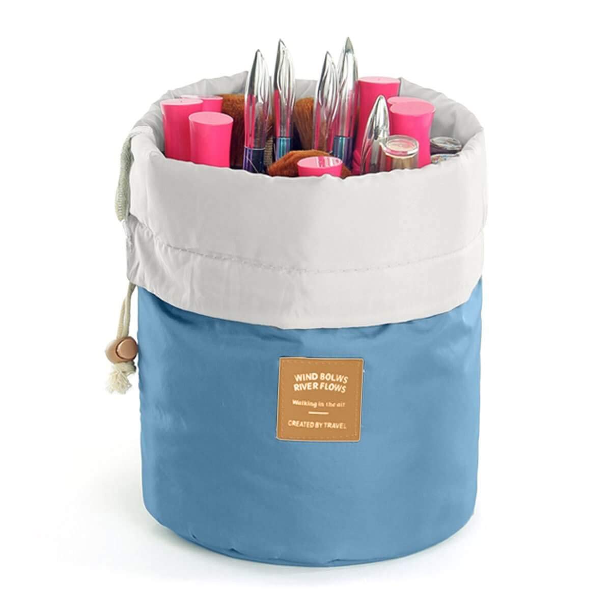 Awestuffs Large Barrel Shaped Travel Cosmetic Bag - Hanging Toiletry Organizer with Drawstring, Mini Zipper Jewelry Pocket & Clear PVC Pouch for Makeup Brushes (Blue) - Perfect for Travel, Camping, Gym & Daily Cosmetics Storage