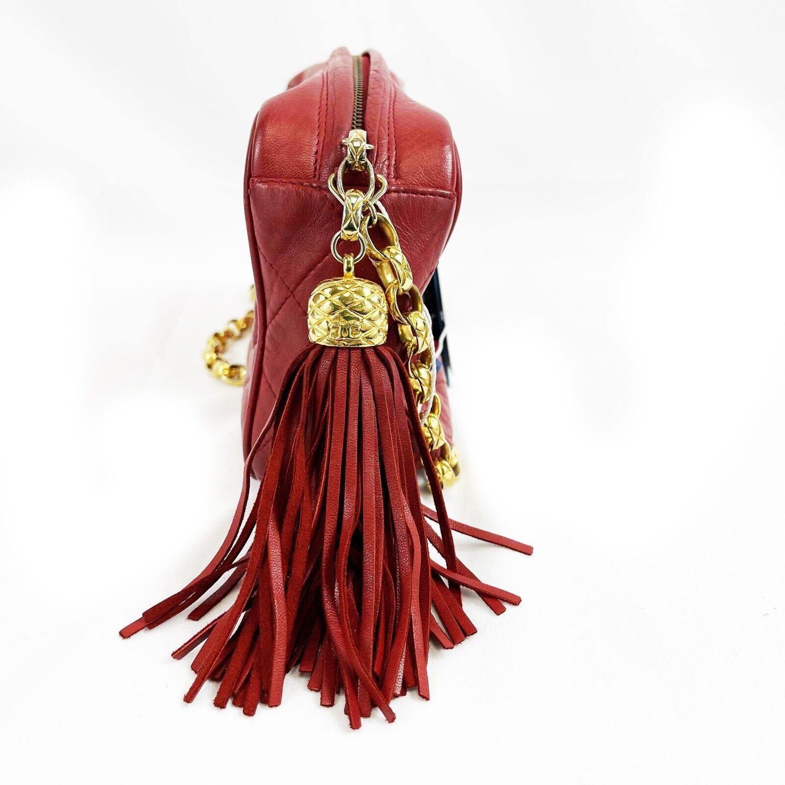 Vintage CHANEL CC Red Lambskin Gold Chain Tassel Camera Crossbody Bag for Women | Luxury Designer Shoulder Bag for Parties, Dating & Special Occasions