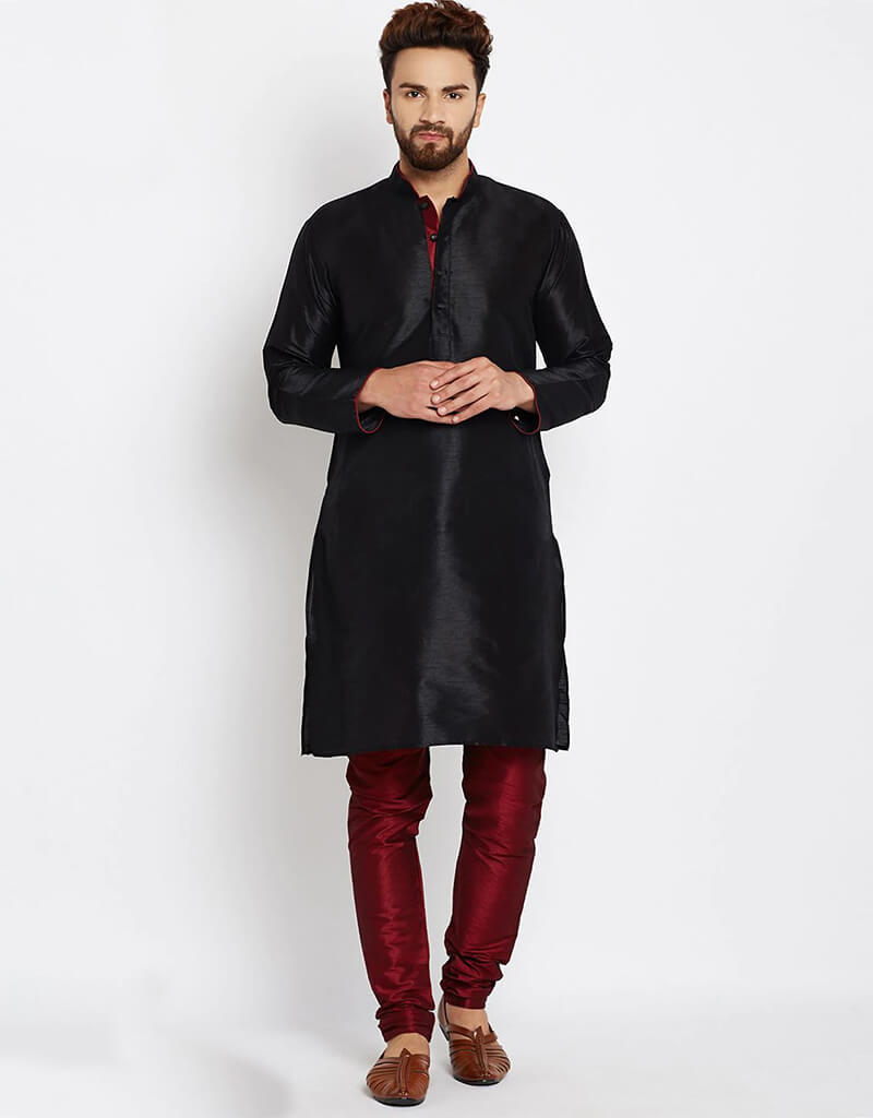 Premium Black Kurta with Dhupion Silk Pajama Set for Men - Traditional Indian Ethnic Wear for Weddings, Festivals & Special Occasions