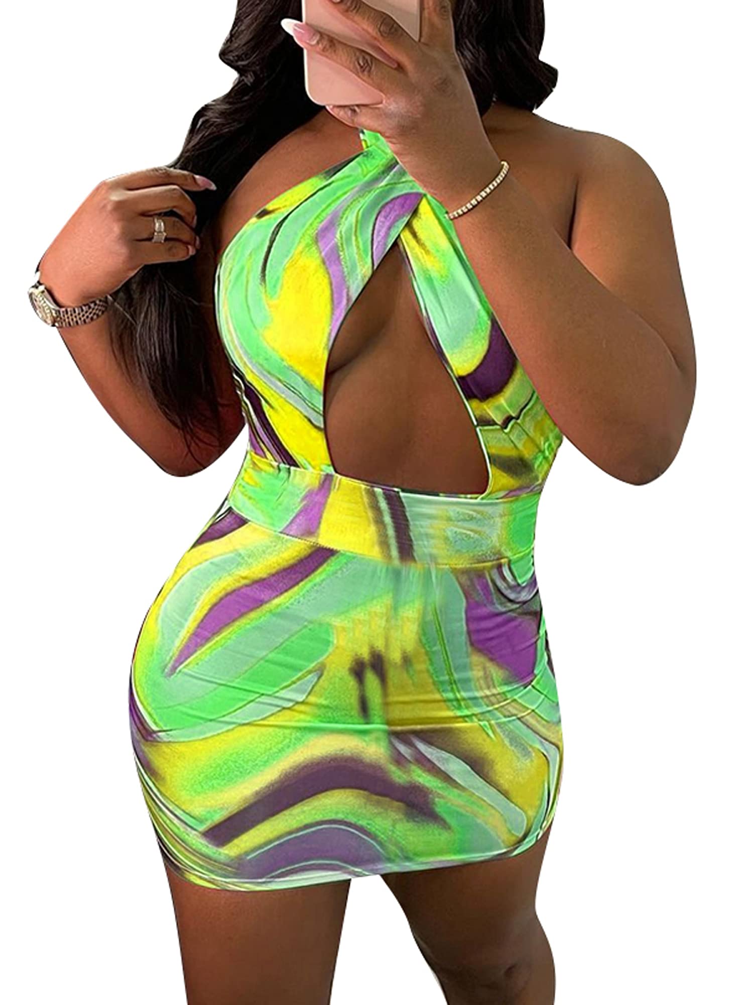 Sexy Women's Halter Dresses - Tie Dye Print Bandage Bodycon Mini Dress with Backless Design for Club Party Night Out (Green, X-Large) | Perfect for Date Nights, Cocktail Parties & Summer Vacations
