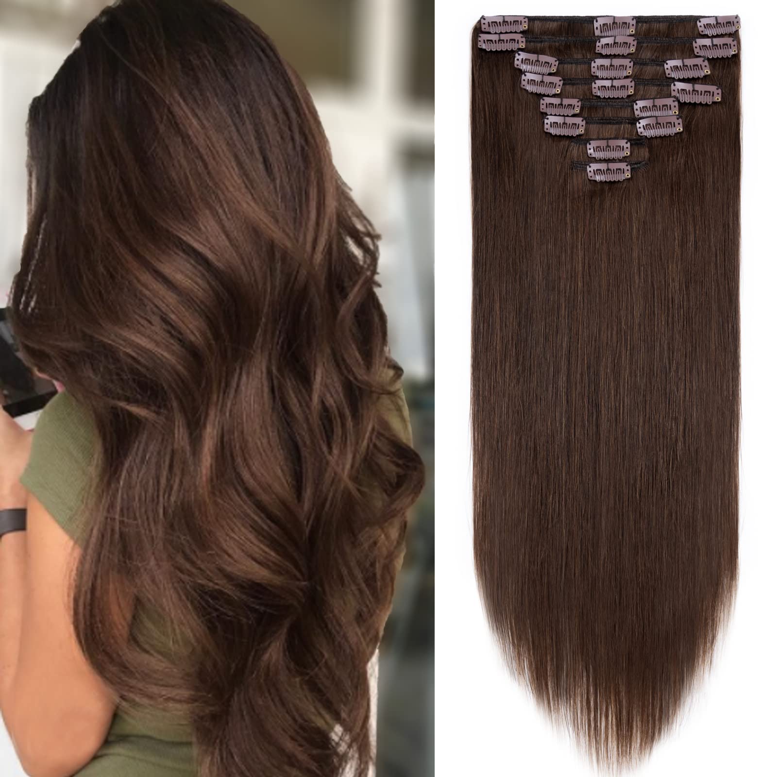 S-noilite Clip-in Human Hair Extensions - 8 Pieces, 18 Clips, 100% Real Human Hair, Silky Straight, 10