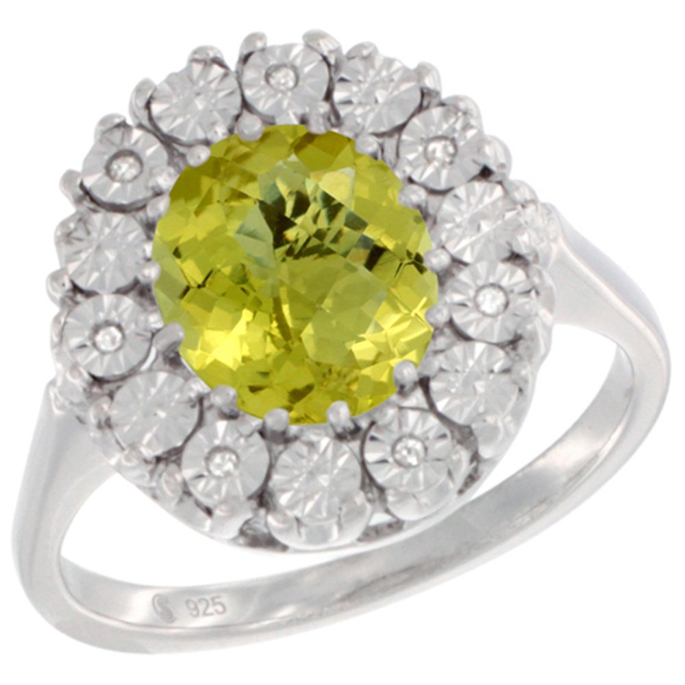 9x7mm Oval Lemon Quartz Sterling Silver Ring with Diamond Accent - Sizes 5-10 | Elegant Jewelry for Women, Perfect Gift for Birthday, Anniversary & Special Occasions