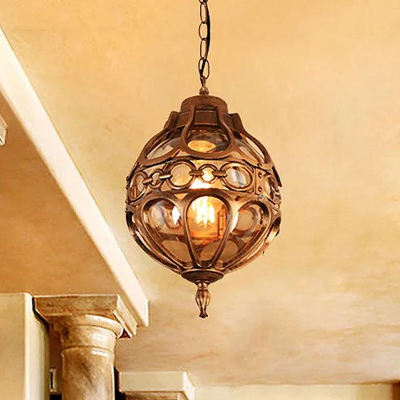 Vintage Spherical Carved Copper Pendant Light - Antique Style Ceiling Fixture for Dining Room, Kitchen Island & Bedroom Lighting