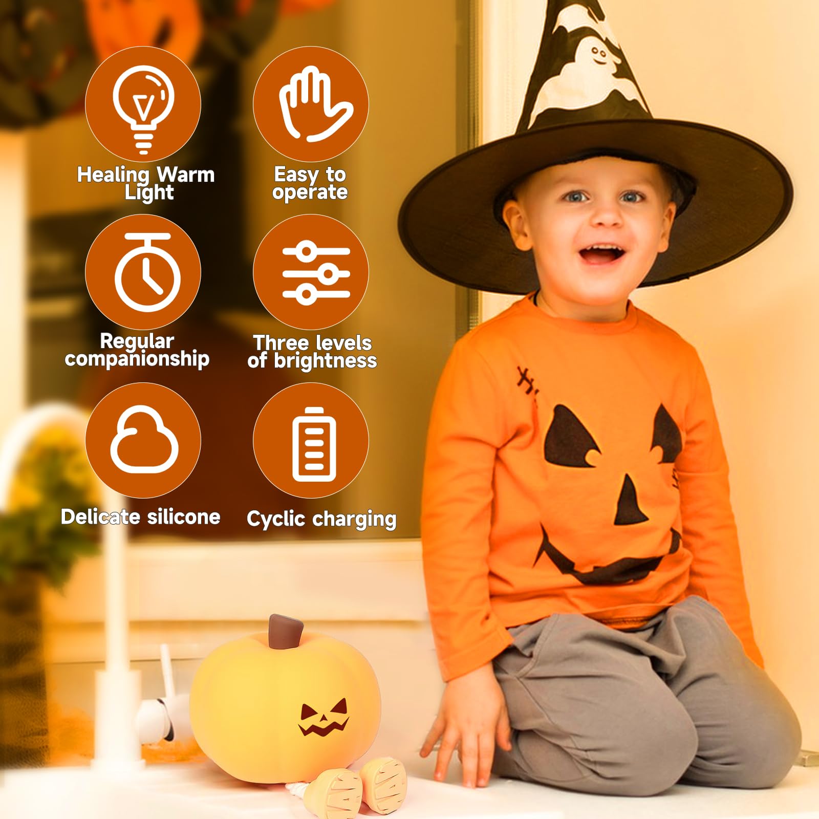 1PCS Rechargeable LED Pumpkin Night Light for Kids - 3 Modes, Touch Control, Food Grade Silicone, Halloween Decor & Nursery Lighting | Perfect Gift for Baby Room & Bedtime Comfort