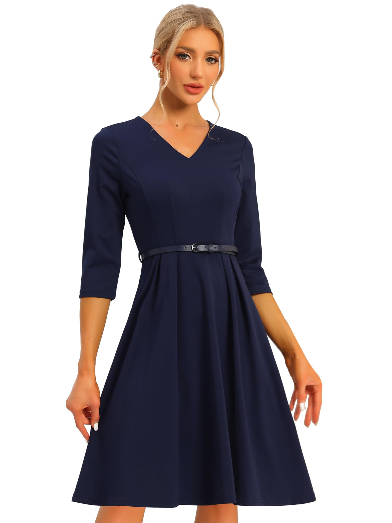 Allegra K Women's V-Neck Cocktail Dress - Knee Length Evening Gown with Half Sleeves & Belt for Parties, Weddings & Special Occasions