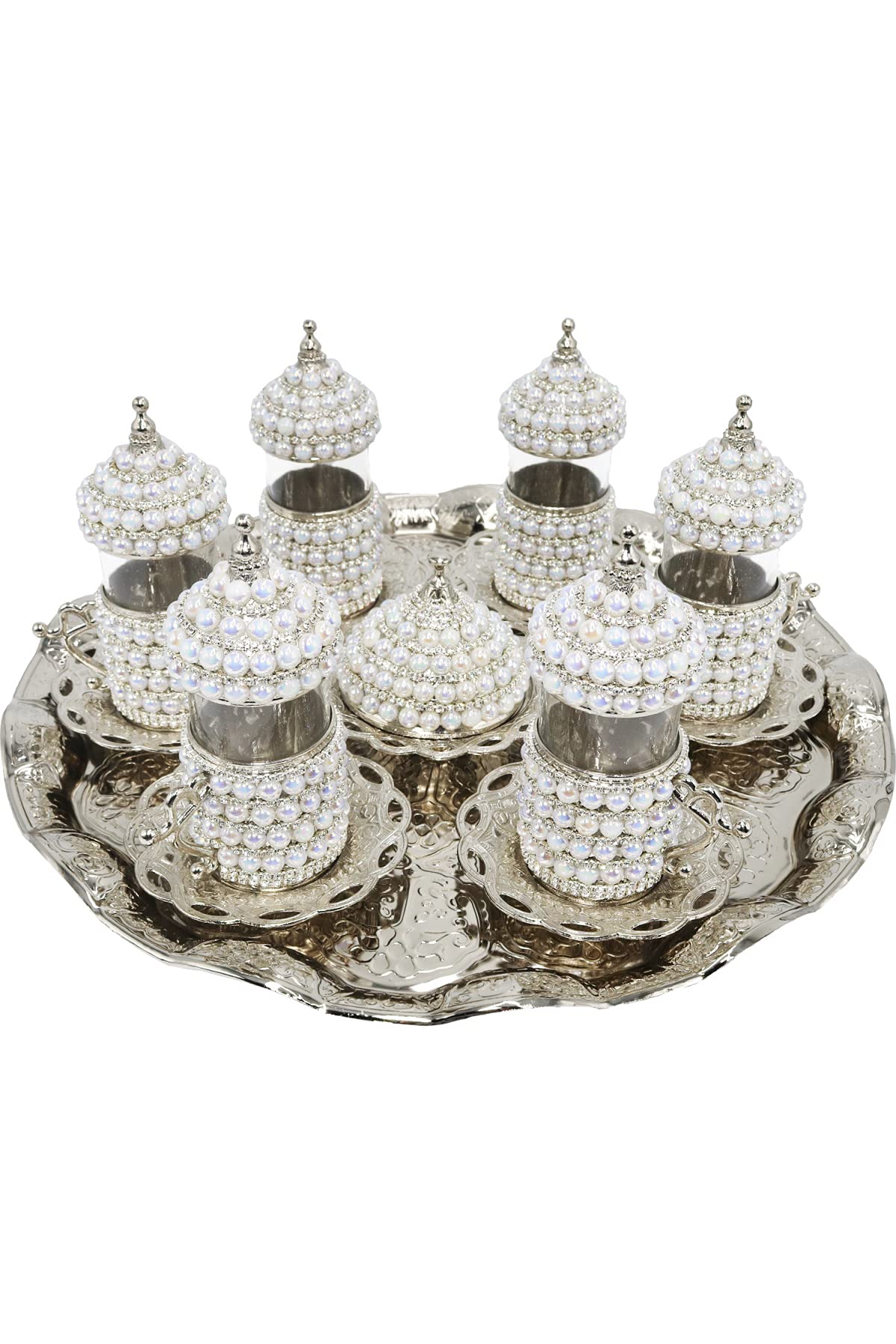 Premium Turkish Espresso Coffee Cups Set of 6 - Pearl Coated Silver Ottoman Arabic Greek Coffee Cups with Teapot & Ewer for Authentic Middle Eastern Coffee Experience - Perfect for Home, Cafe & Gifting