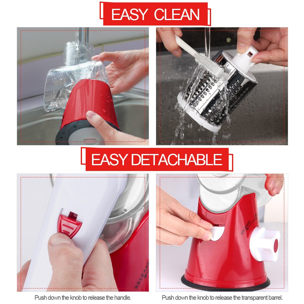 Premium Rotary Cheese Grater - Hand Crank Shredder for Cheese, Vegetables & Nuts | Non-Slip Suction Base | Includes 3 Blades & Free Cleaning Brush (Red) | Perfect for Kitchen, Pizza, Pasta & Salad Prep