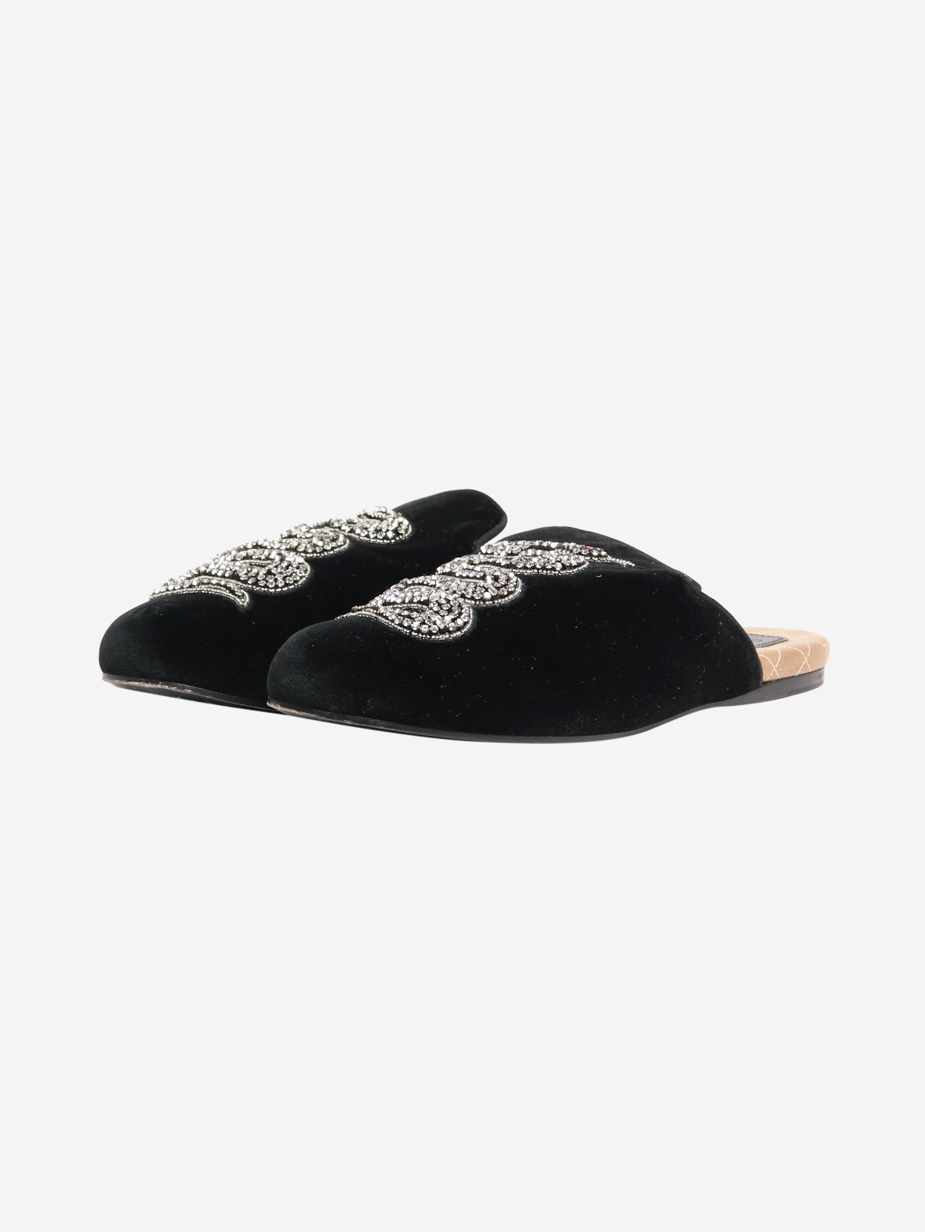 Black Velvet Crystal Snake Slippers - Women's Size EU 38.5 (US 8) - Elegant House Shoes for Lounge, Bridal Party & Gift Giving
