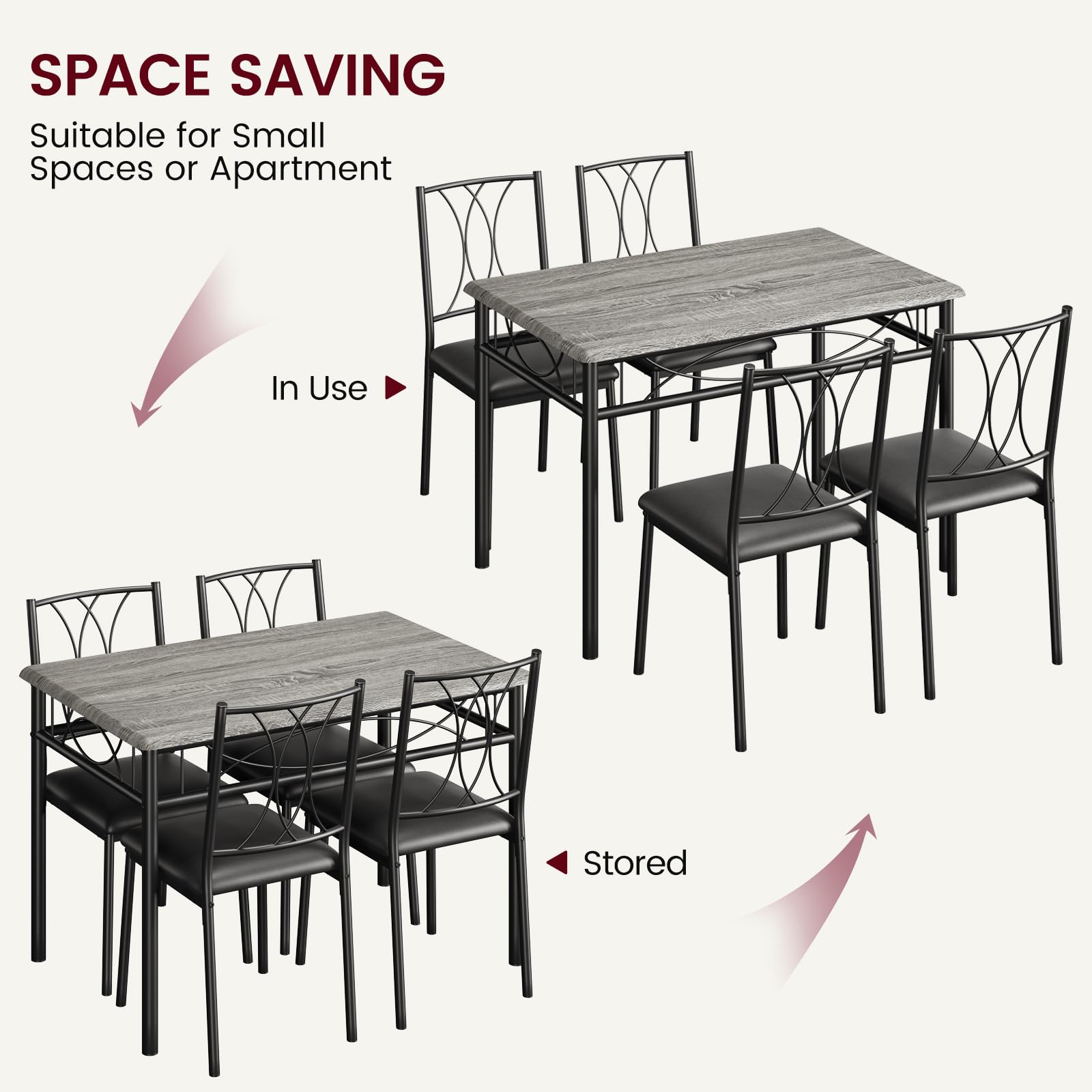 CABIHOME 5-Piece Dining Table Set with 4 Upholstered Chairs - Modern Rectangle Kitchen Table for Small Spaces & Apartments - Retro Gray Finish - Ideal for Breakfast Nooks, Compact Dining Rooms & Cozy Kitchen Areas