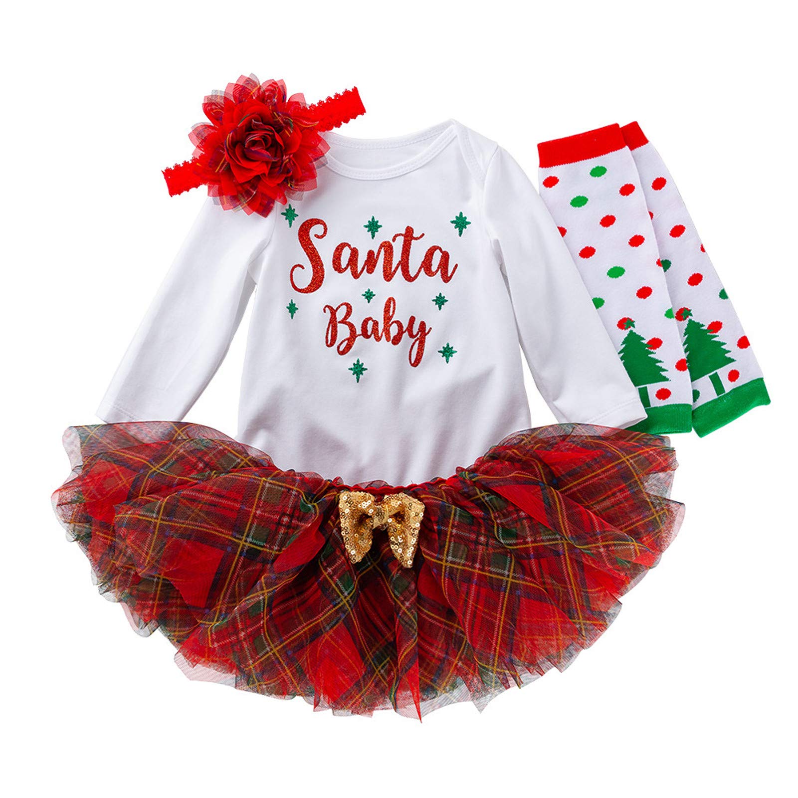 Baby Christmas Outfit Set for Newborn Girls - Letter Print Romper, Tutu Dress, Hairband & Socks | Winter Holiday Infant Clothes | Perfect for Christmas Photos, Parties & Family Gatherings
