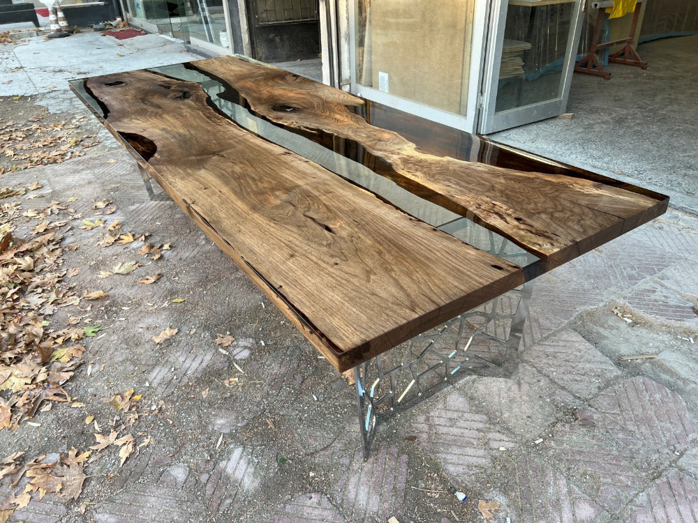 Voronoi Resin Walnut River Dining Table - Modern Wood & Epoxy Live Edge Table for Dining Room, Kitchen, Office - Unique Handmade Home Decor & Furniture