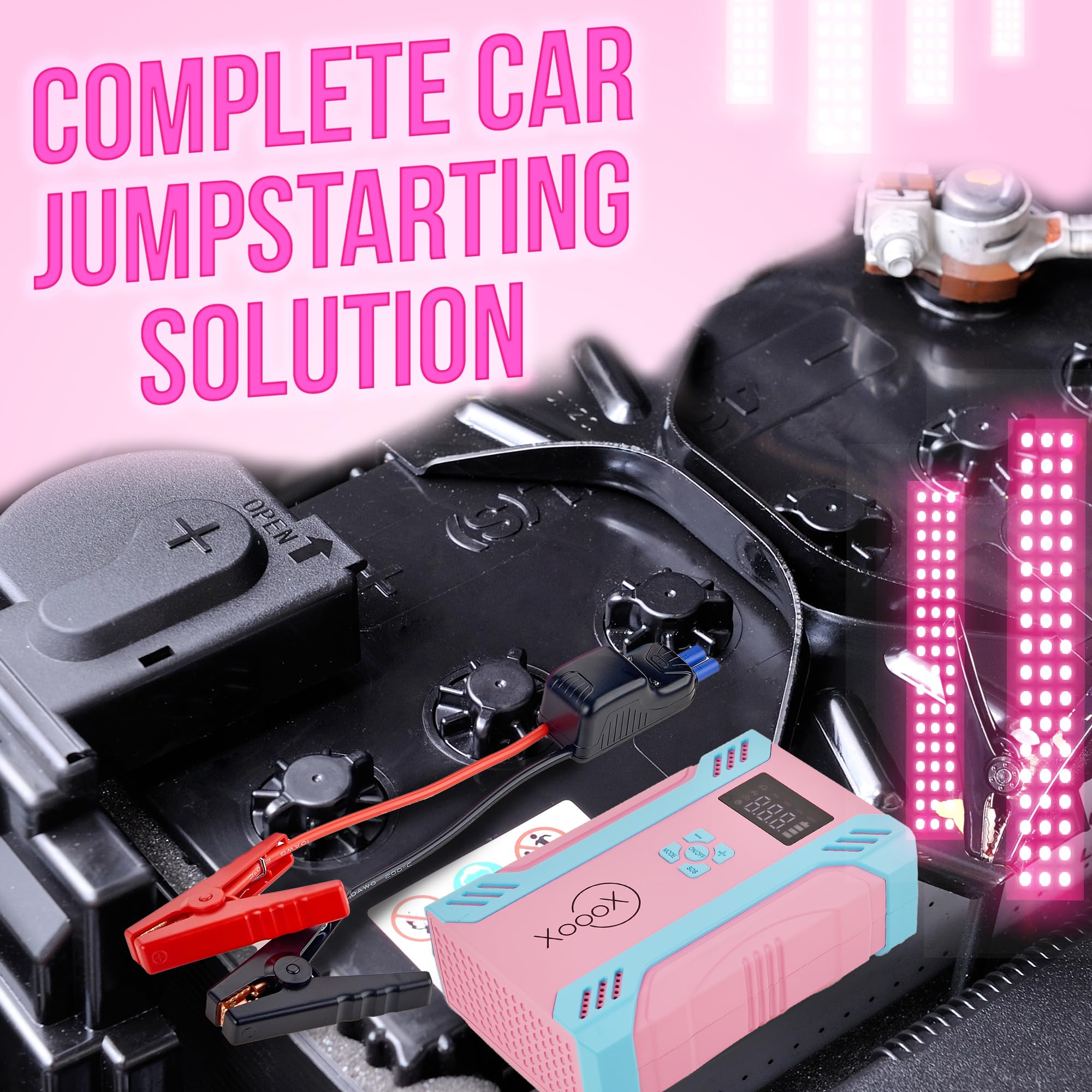 XoooX A17 Portable Car Battery Jump Starter Kit with Built-in Tire Pump - 2000A Peak 12V Jump Starter for Cars, Trucks & SUVs - USB/USB-C Charger for Phones & Devices - Includes Jumper Cables, LED Light & Hard Case - Perfect for Road Trips, Emergencies & Outdoor Adventures