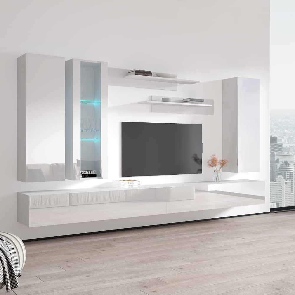 Modern Floating TV Stand with Storage & LED Lights - Wall-Mounted Entertainment Center Console for Bedroom & Living Room - White Meble Furniture Fly EF4 30