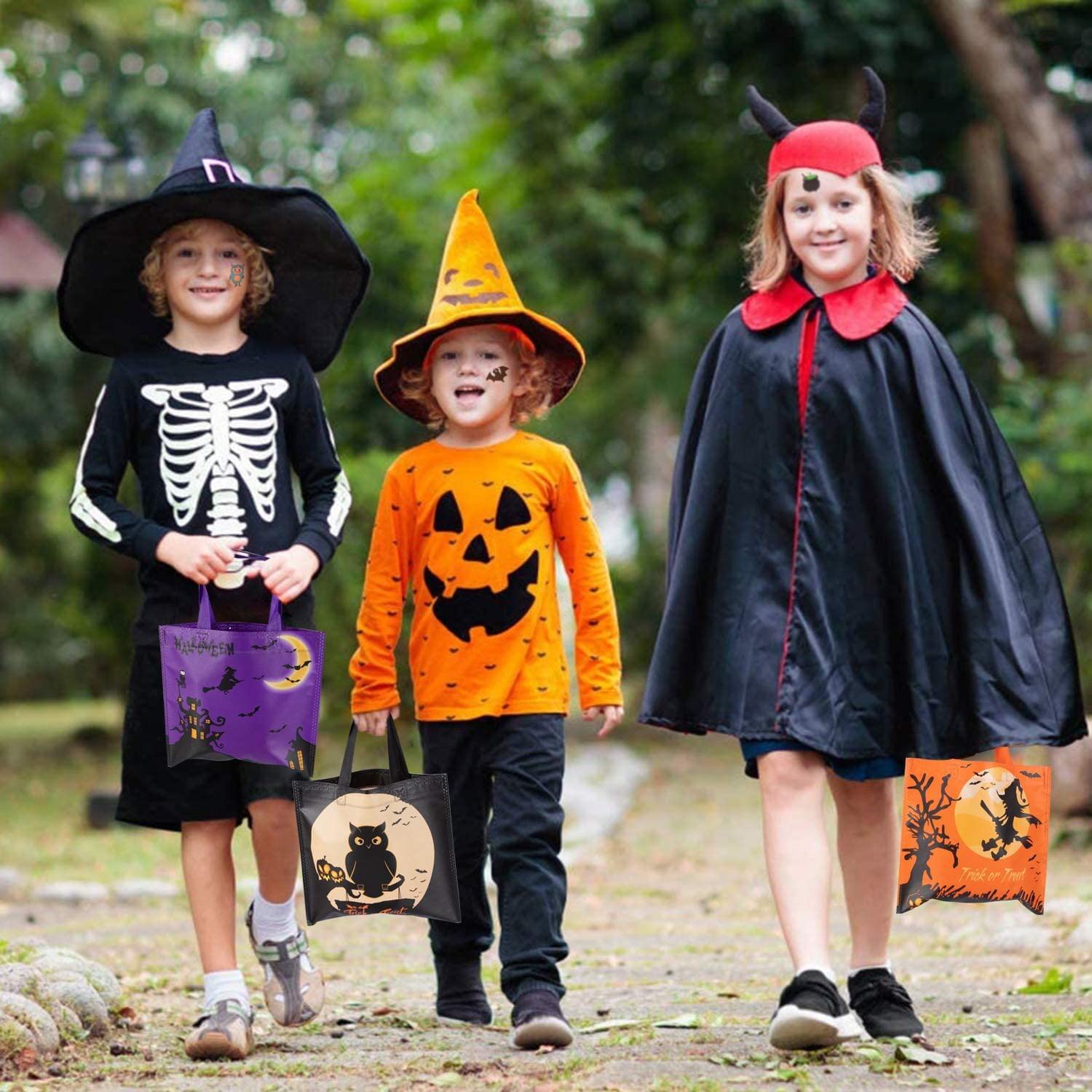 30 Pack Halloween Treat Bags - Reusable Non-Woven Tote Gift Bags for Kids Trick or Treat with 54 pcs Temporary Tattoos | Halloween Party Favors, Candy Bags & Goodie Bags (6 Fun Patterns) - Perfect for Classroom Treats, Neighborhood Trick-or-Treating & Halloween Party Supplies