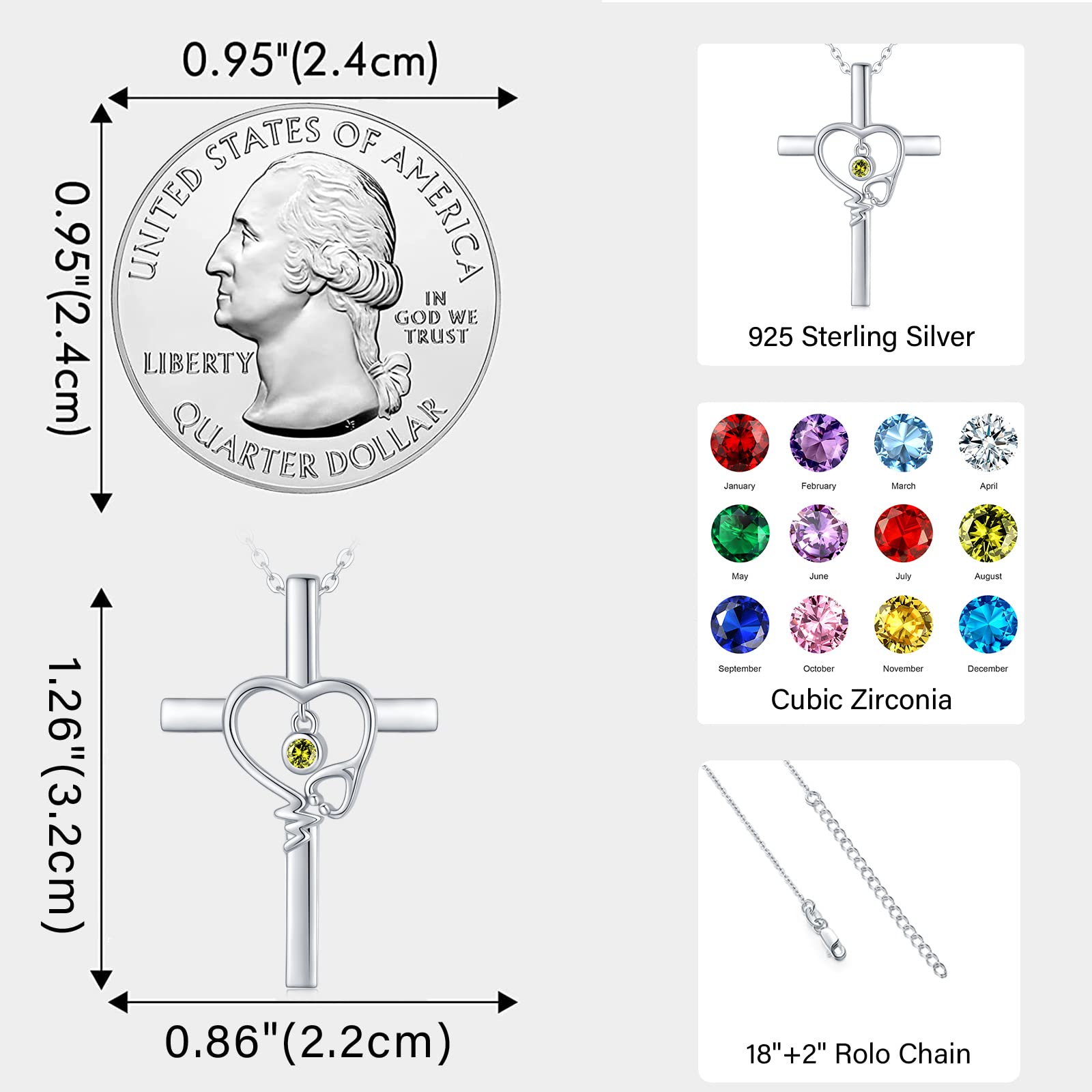 Sterling Silver Nurse Necklace with Birthstone & Cross Pendant - Stethoscope Heartbeat Jewelry for Medical Professionals | Perfect Graduation Gift for Doctors, Nurses & Medical Students | Ideal for Clinical Work, Special Occasions & Daily Wear