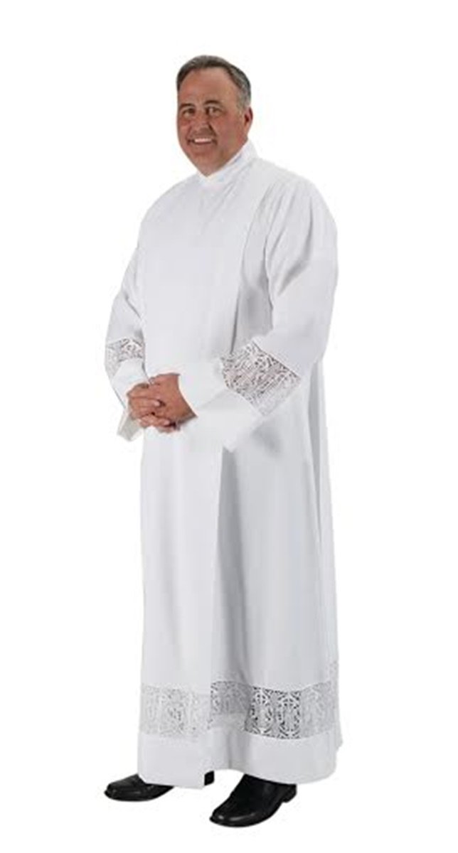 Augustinian Collection Polyester Latin Cross & IHS Embroidered Lace Front Wrap Alb - Perfect for Catholic Mass, First Communion, Baptism & Church Ceremonies
