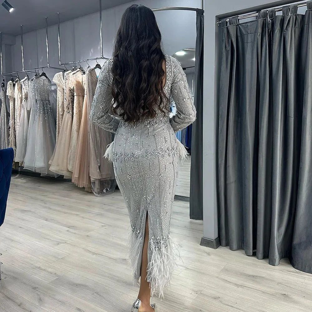 Elegant Silver Gray Mermaid Tea Length Evening Dress with Feathers - LA71669L - Perfect for Prom, Cocktail Parties & Formal Events