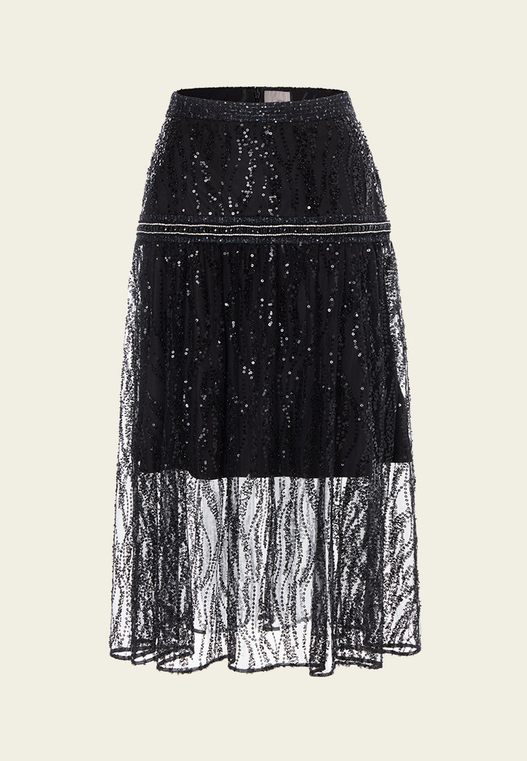 Black Sequin Mesh Midi Skirt for Women - Elegant Party Dress with Sparkly Sequins - Perfect for Evening Events, Prom, Date Night & Special Occasions