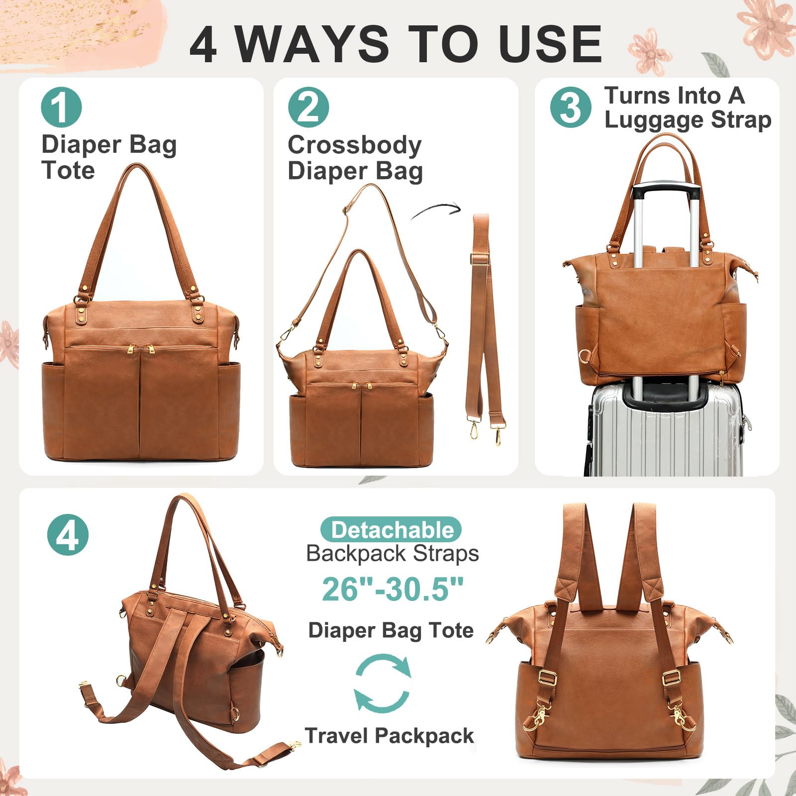 MOMINSIDE Leather Diaper Bag Backpack - Large Waterproof Baby Tote with Insulated Cup Holders & Stroller Organizer for Moms & Dads - Perfect for Travel, Daycare & Family Outings (Brown)