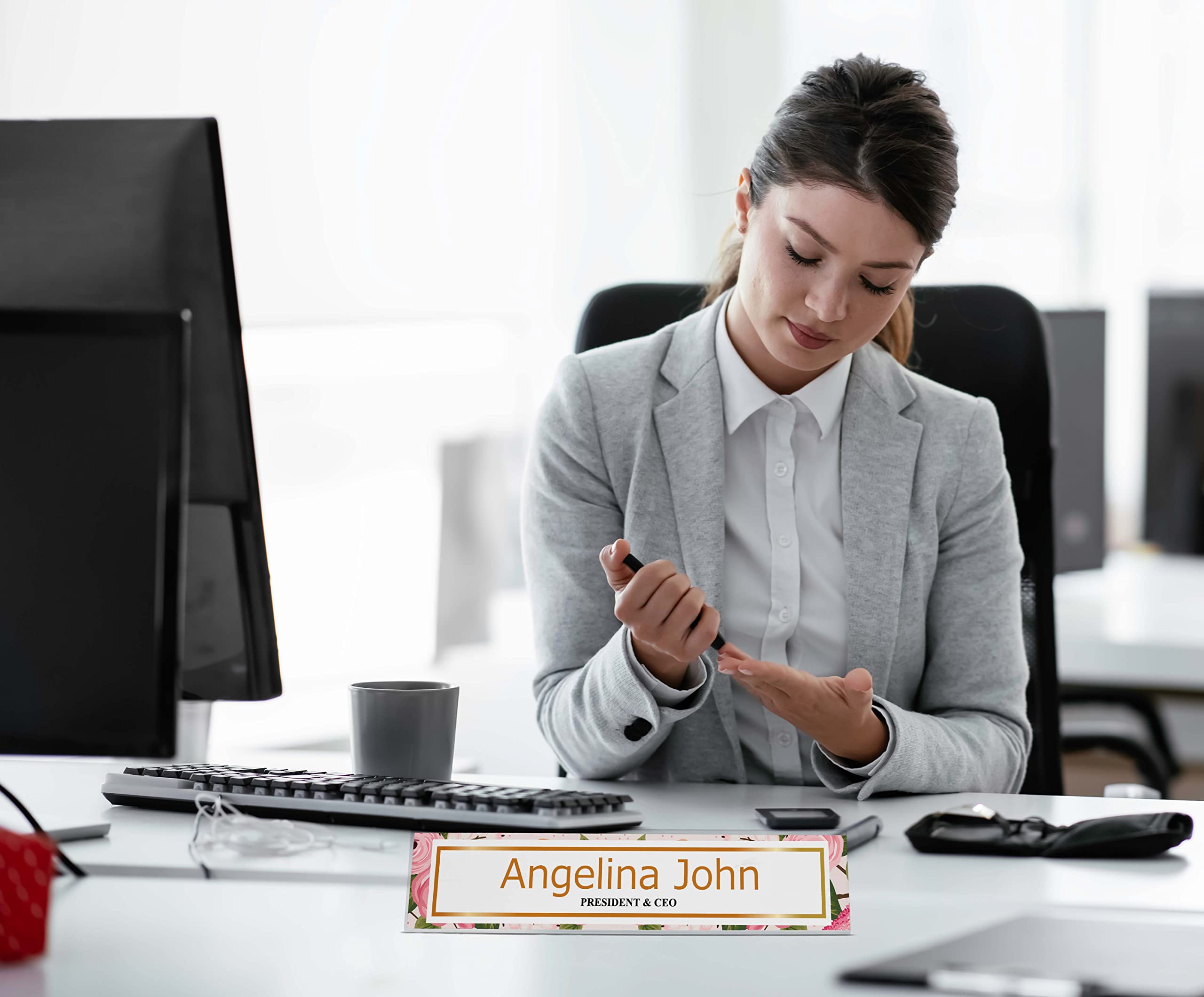 Personalized Acrylic Desk Name Plate - Custom Floral Office Name Sign (2x10 Inches) - Perfect for Workstations, Reception Desks & Home Offices