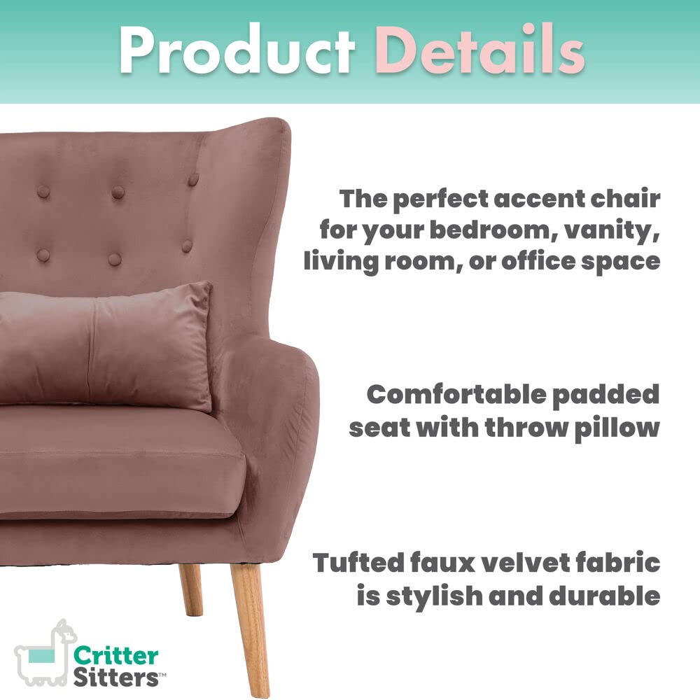 Critter Sitters Faux-Velvet Wingback Accent Chair with Lumbar Pillow & Wooden Legs - Comfortable Dusty Rose Pink Armchair for Living Room, Bedroom, Office, Nursery | Stylish Home Decor & Cozy Seating Solution