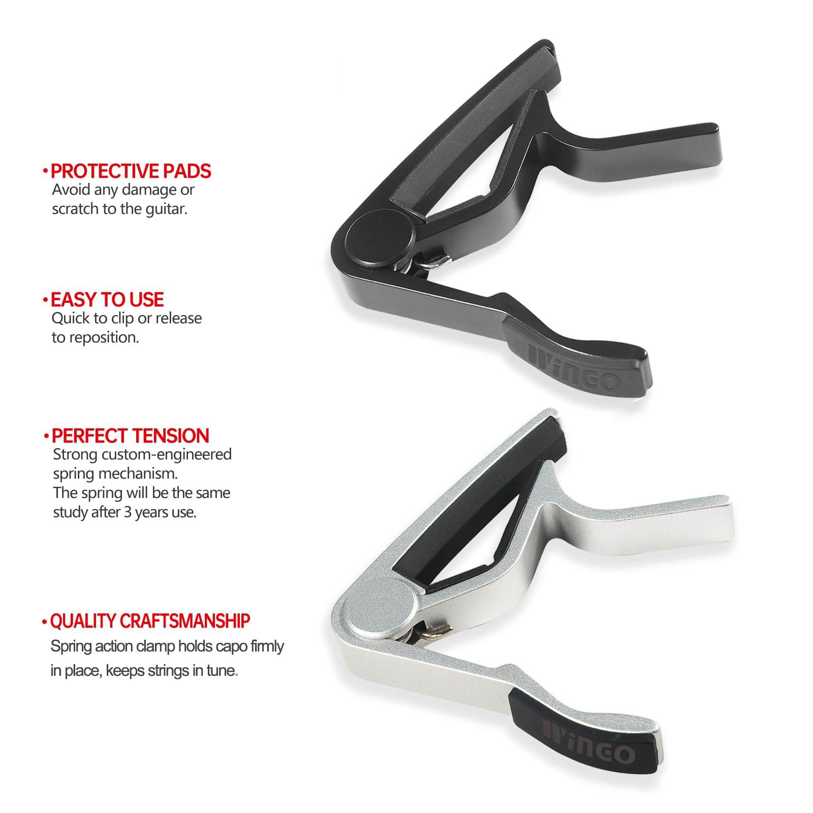 WINGO 6 String Guitar Capo - Single Handed Clamp for Acoustic & Electric Guitars (2 Pack - Black & Silver) | Perfect for Live Performances, Studio Recording & Practice Sessions