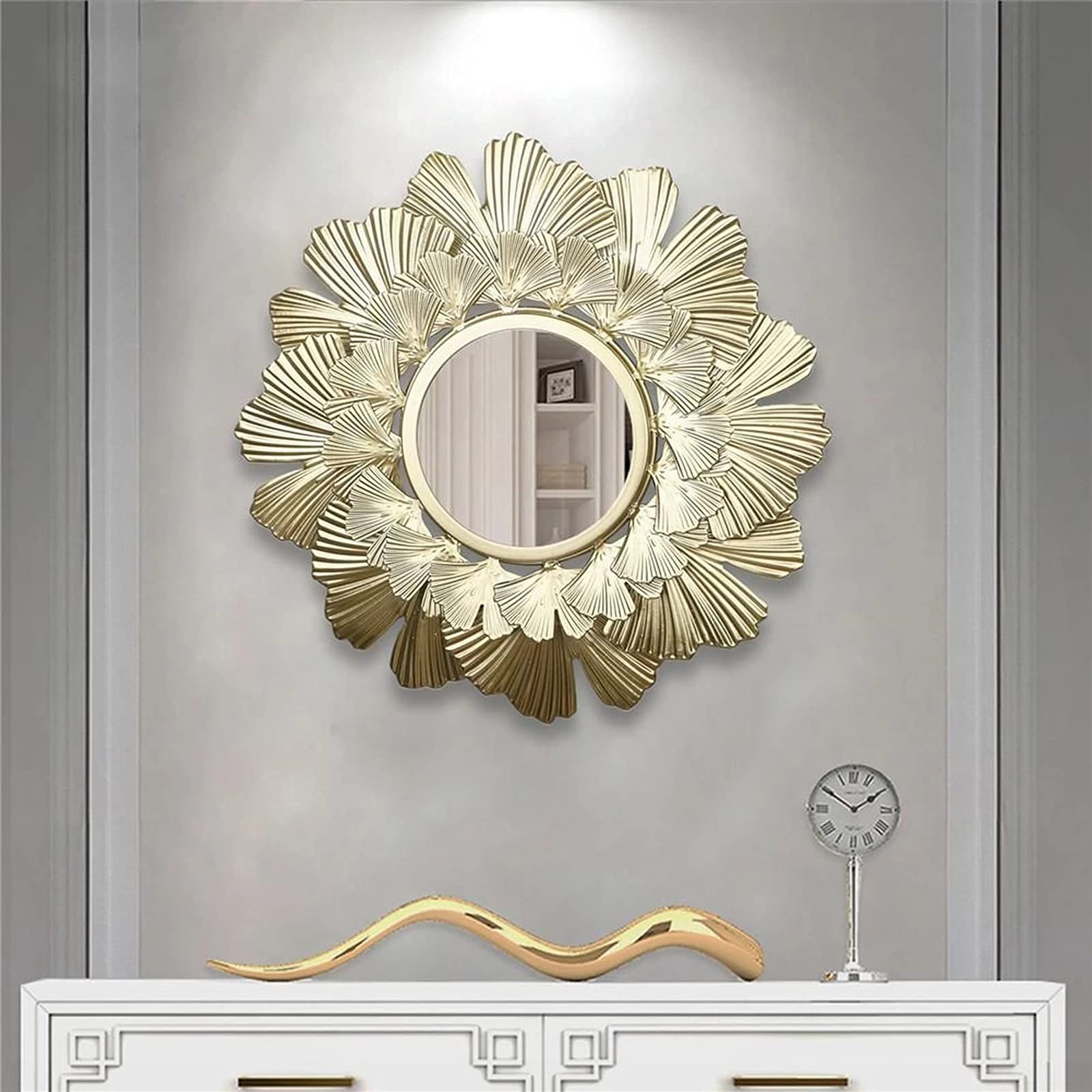 Golden Leaf Wrought Iron Round Vanity Mirror - Decorative Wall Hanging Makeup Mirror for Living Room, Bedroom & Bathroom | Elegant Home Decor & Dressing Essential