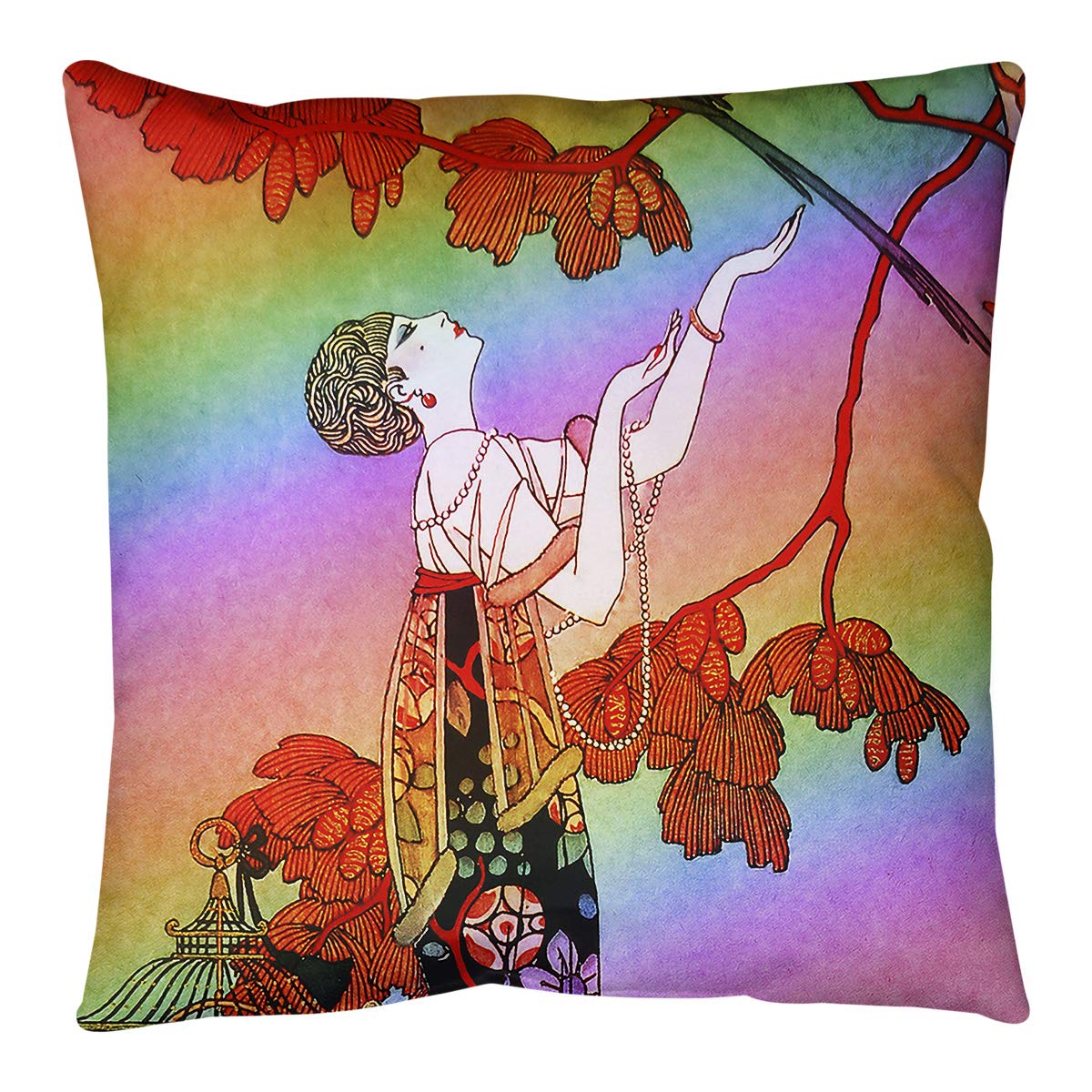 George Barbier Rainbow Woman in Red Decorative Throw Pillow Cover 20x20 Inches - Vibrant Red & Rainbow Colors for Indoor & Outdoor Use - Perfect for Sofa, Bed, Patio, and Home Decor