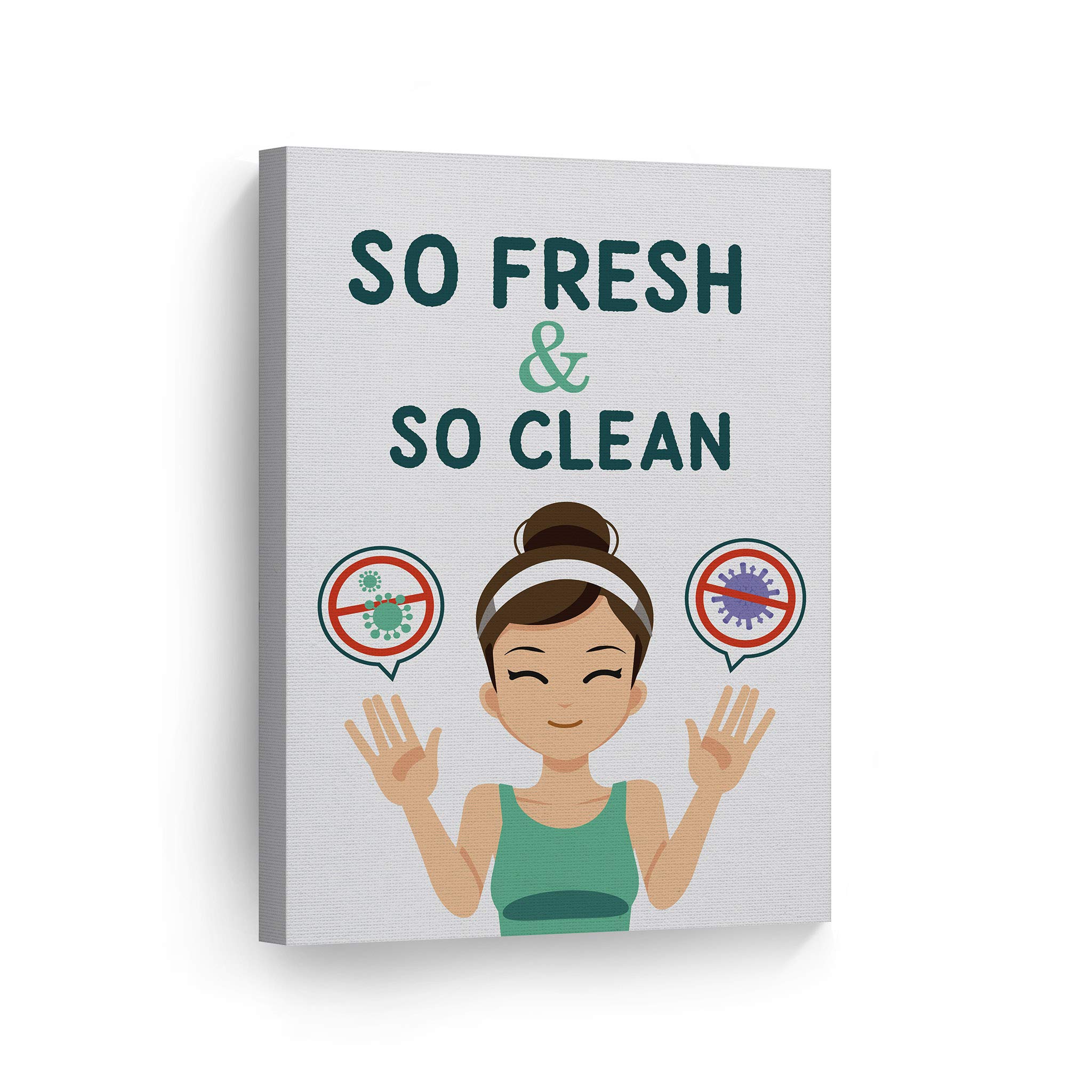 Smile Art Design 'So Fresh So Clean' Bathroom Canvas Print - Funny Cute Bathroom Sign for Kids, Nursery Wall Art, Home Decor - Ready to Hang 12x8 Inch - Made in USA | Perfect for Bathroom, Kids Room & Nursery Decor