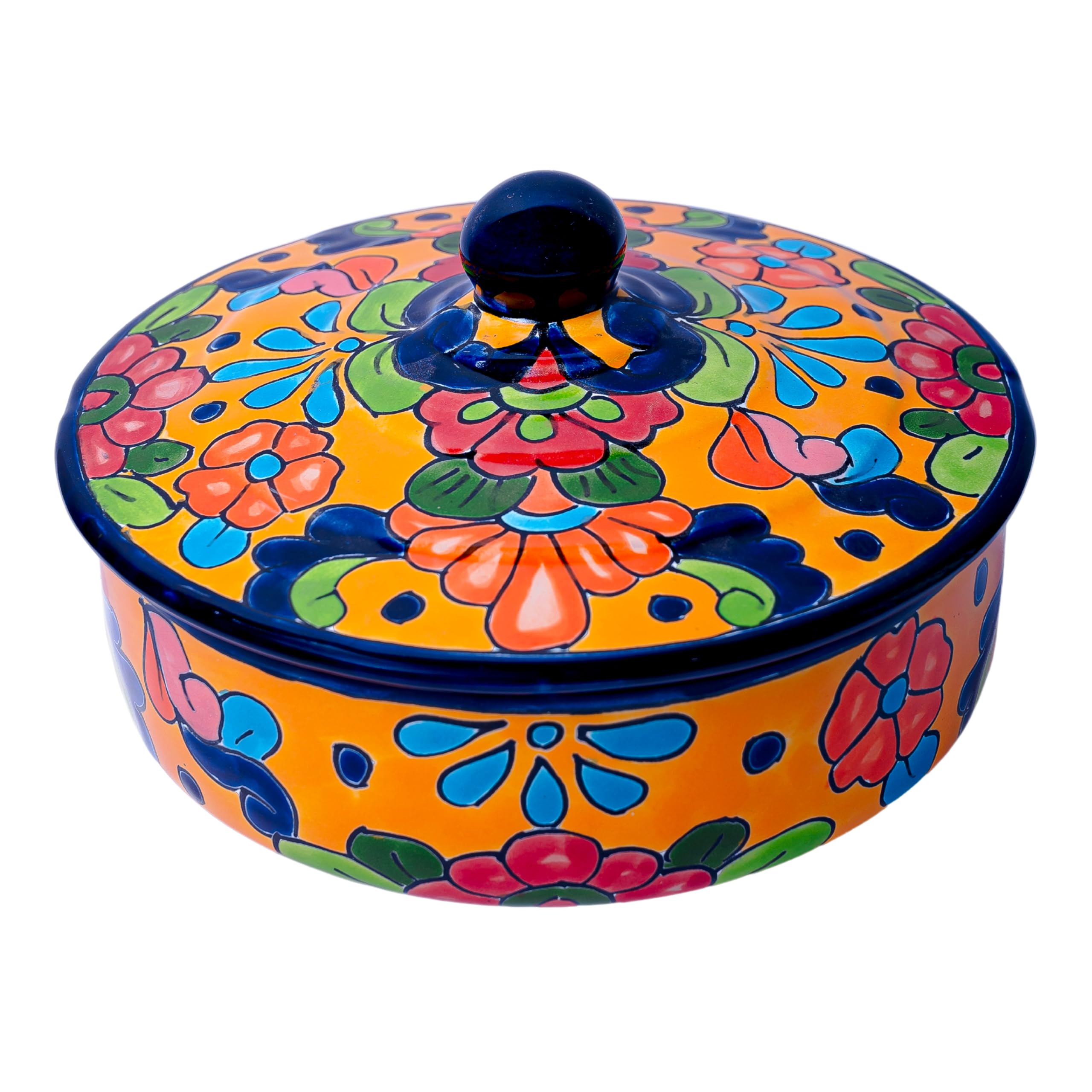 Hand Painted Ceramic Talavera Tortilla Warmer with Lid - Authentic Mexican Artisan Tortilleros - Perfect for Keeping Tortillas Warm at Dinner Parties & Family Gatherings (Marigold Design)