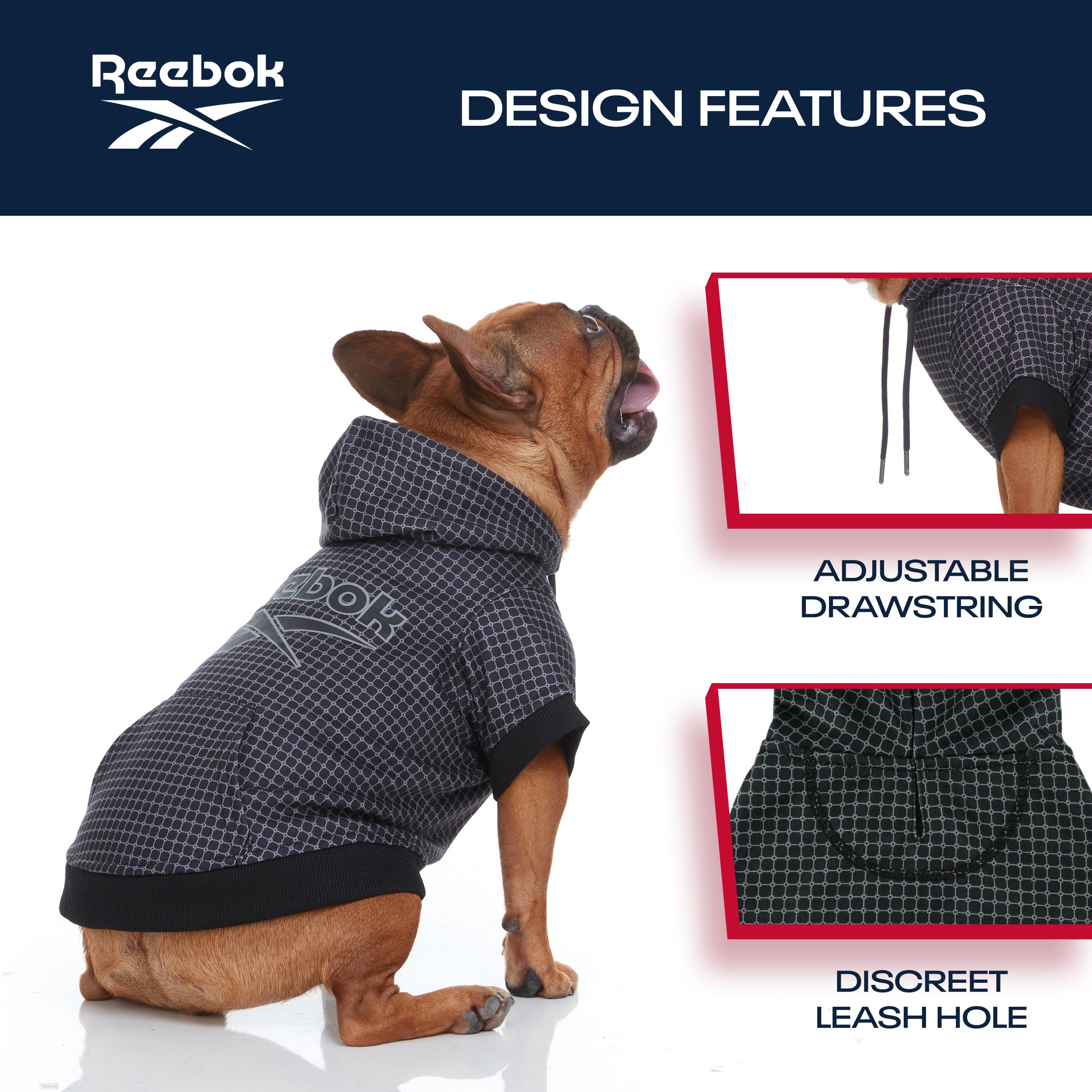 Reebok Fleece Dog Hoodie with Leash Hole - Warm Winter Dog Sweater for Small, Medium & Large Dogs | Cozy Pullover Hooded Sweatshirt for Fall & Christmas | Perfect for Outdoor Walks & Holiday Photos
