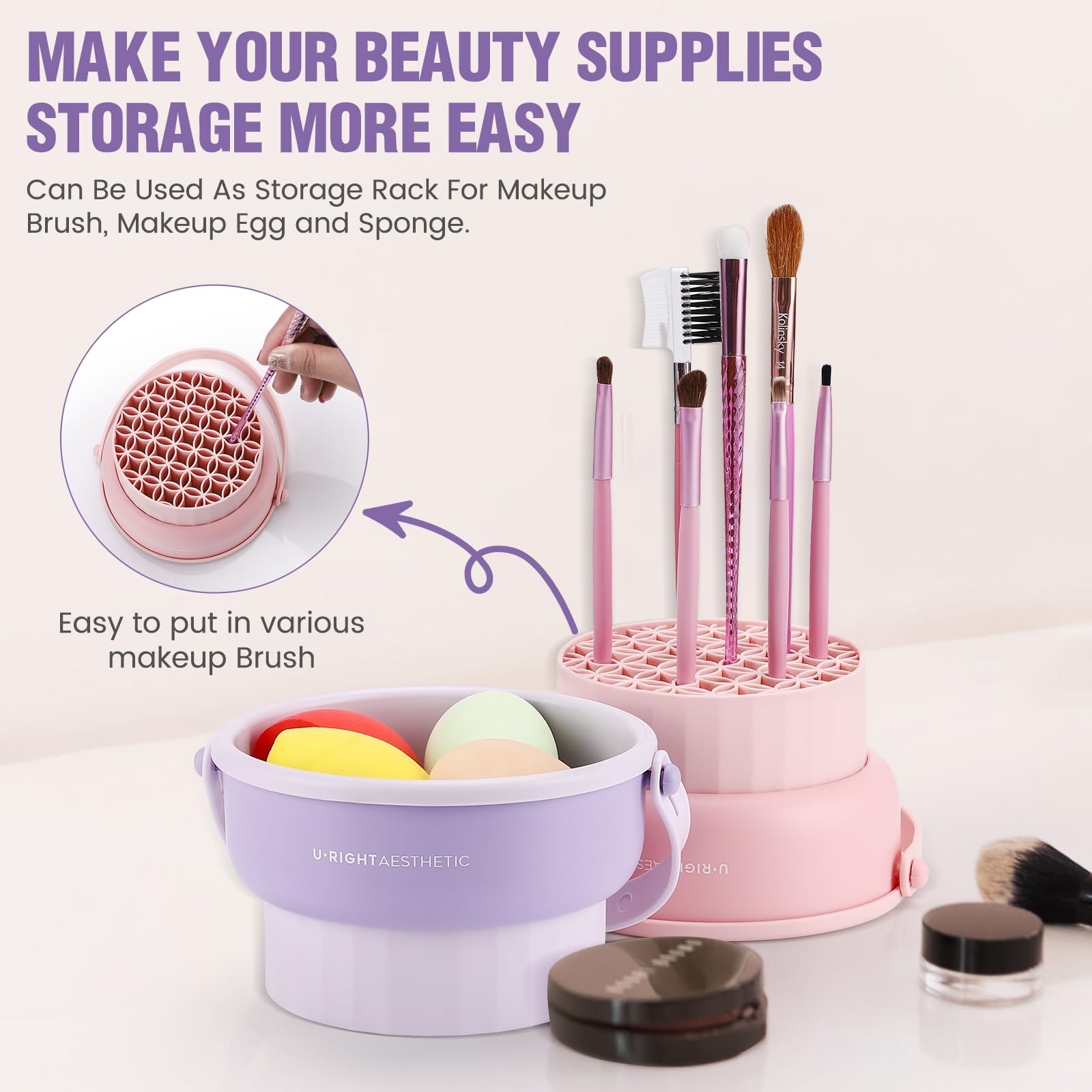 2 Pack Silicone Makeup Brush Cleaner Mat - 3-in-1 Cleaning Bowl & Sponge Scrubber Tool for Makeup Brushes, Storage & Upside Down Drying (Purple) - Perfect for Professional Makeup Artists & Home Beauty Routines