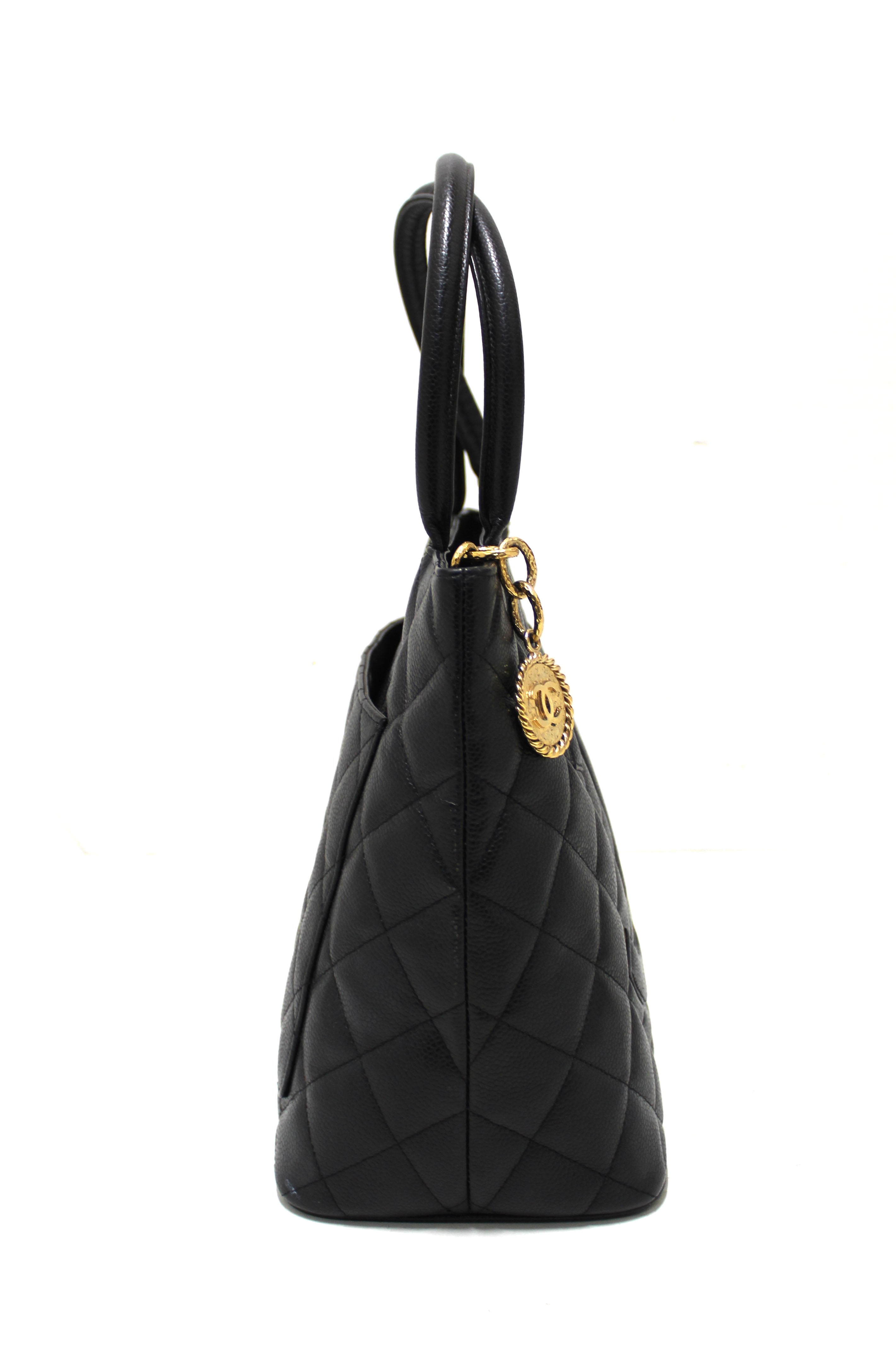 Authentic Chanel Black Quilted Caviar Leather Medallion Tote Bag for Women - Luxury Designer Handbag for Work, Travel & Everyday Use